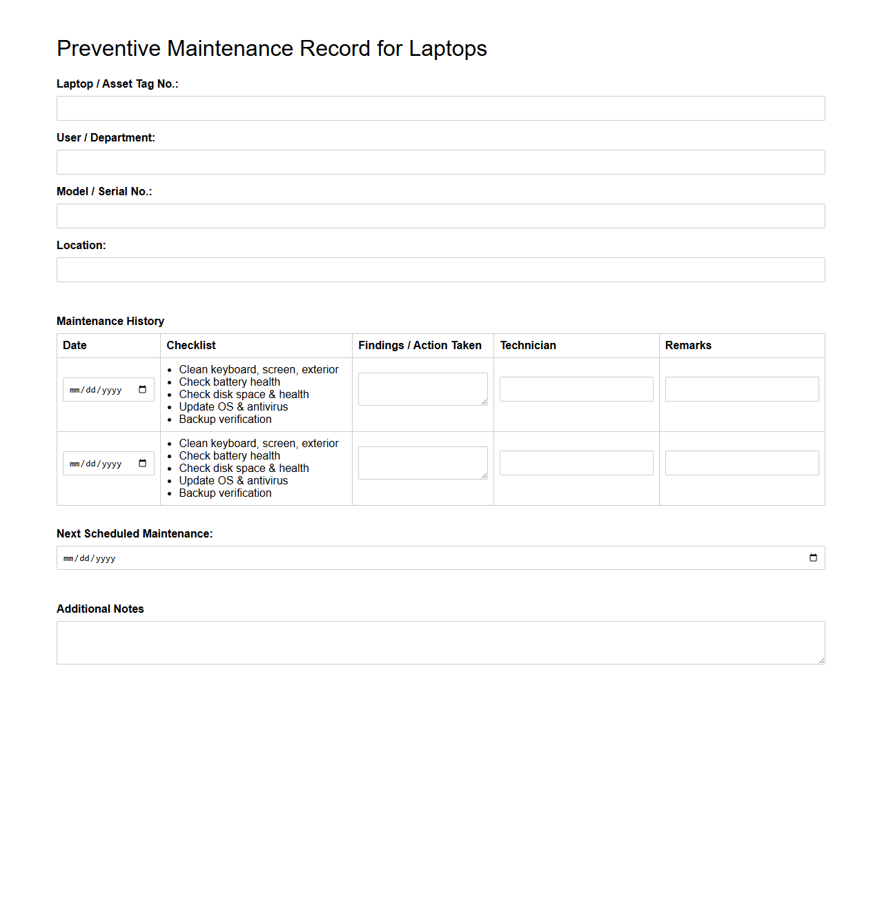 Preventive Maintenance Record for Laptops