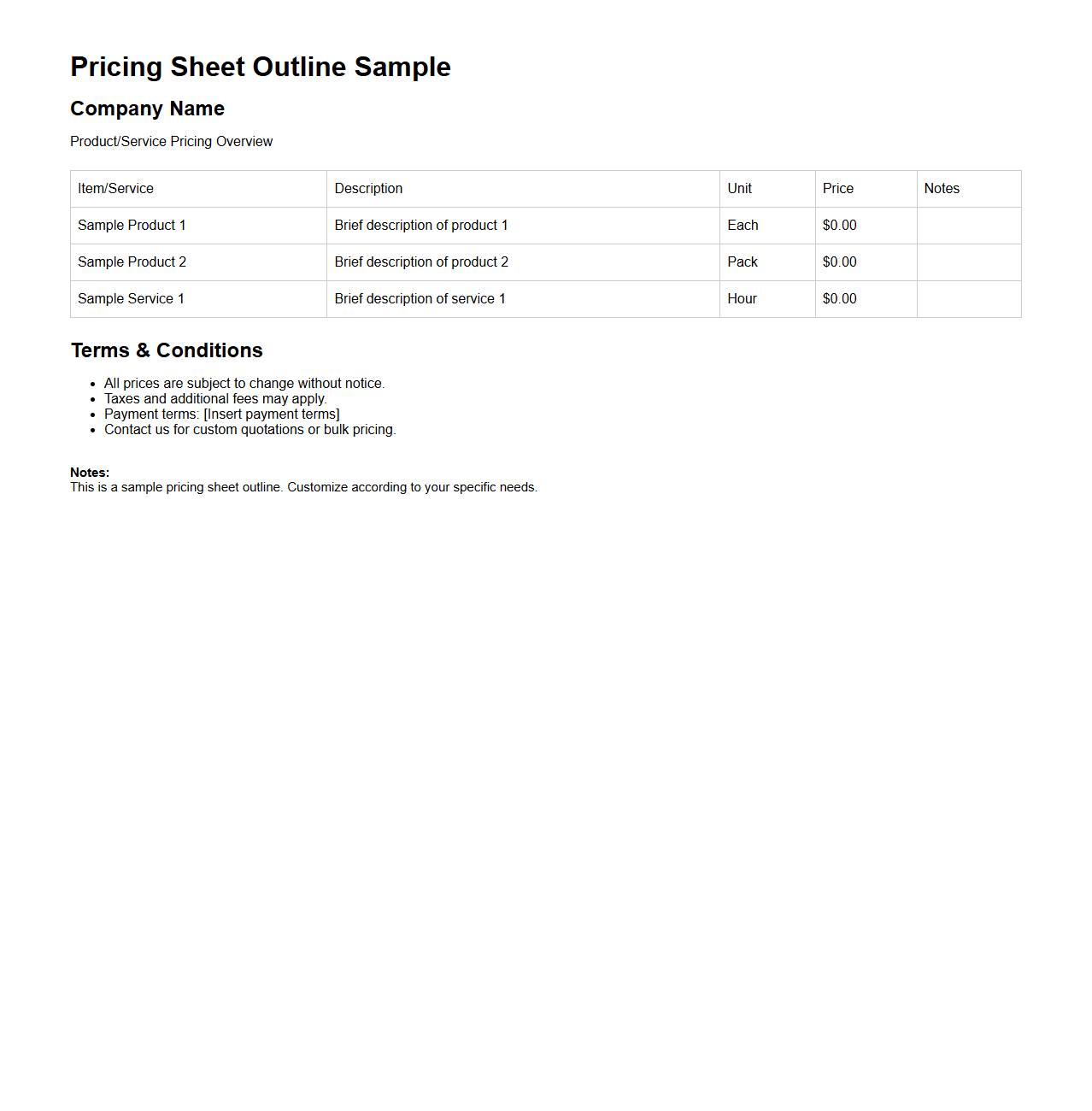 Pricing Sheet Outline Sample