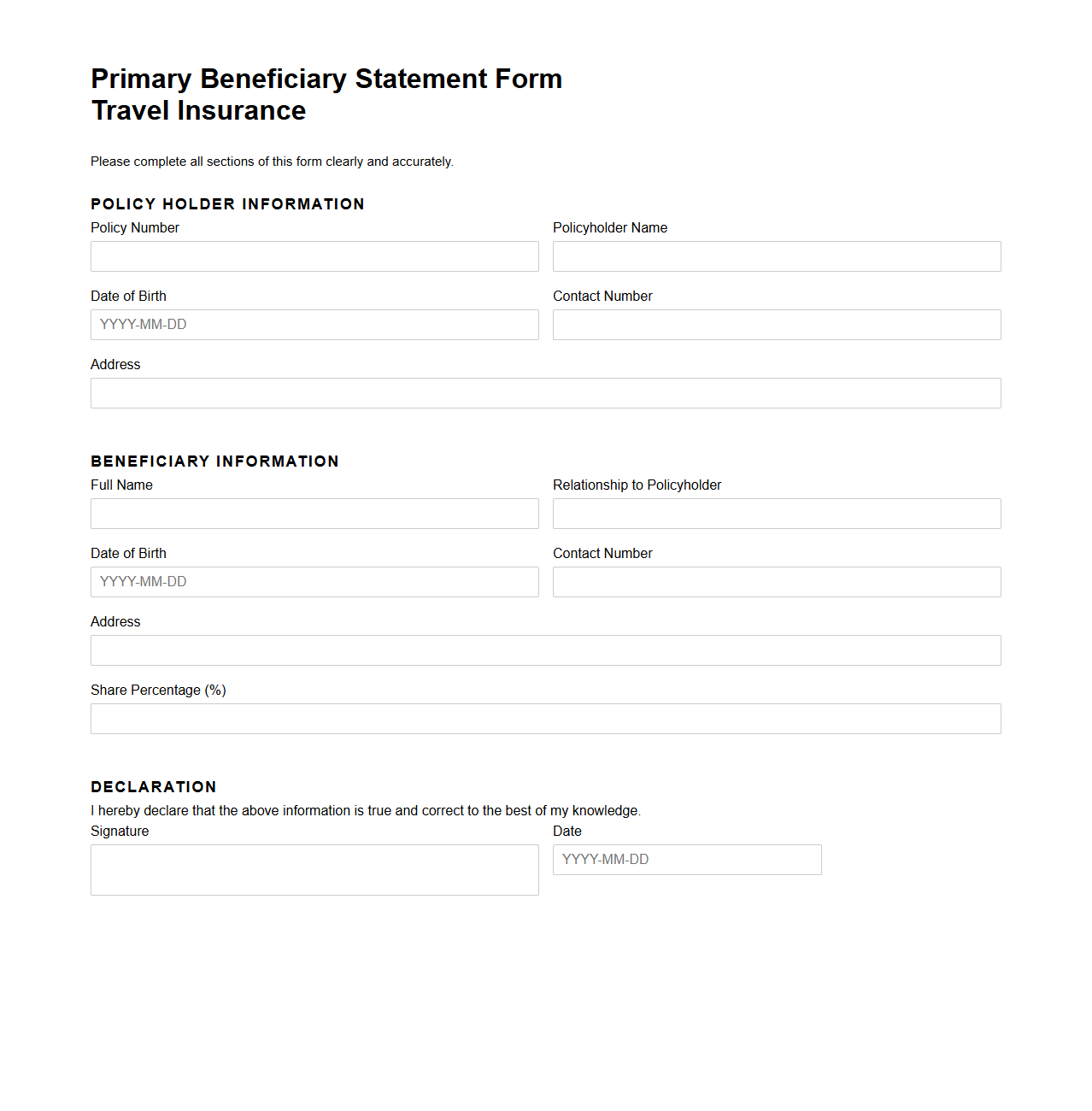 Primary Beneficiary Statement Form for Travel Insurance