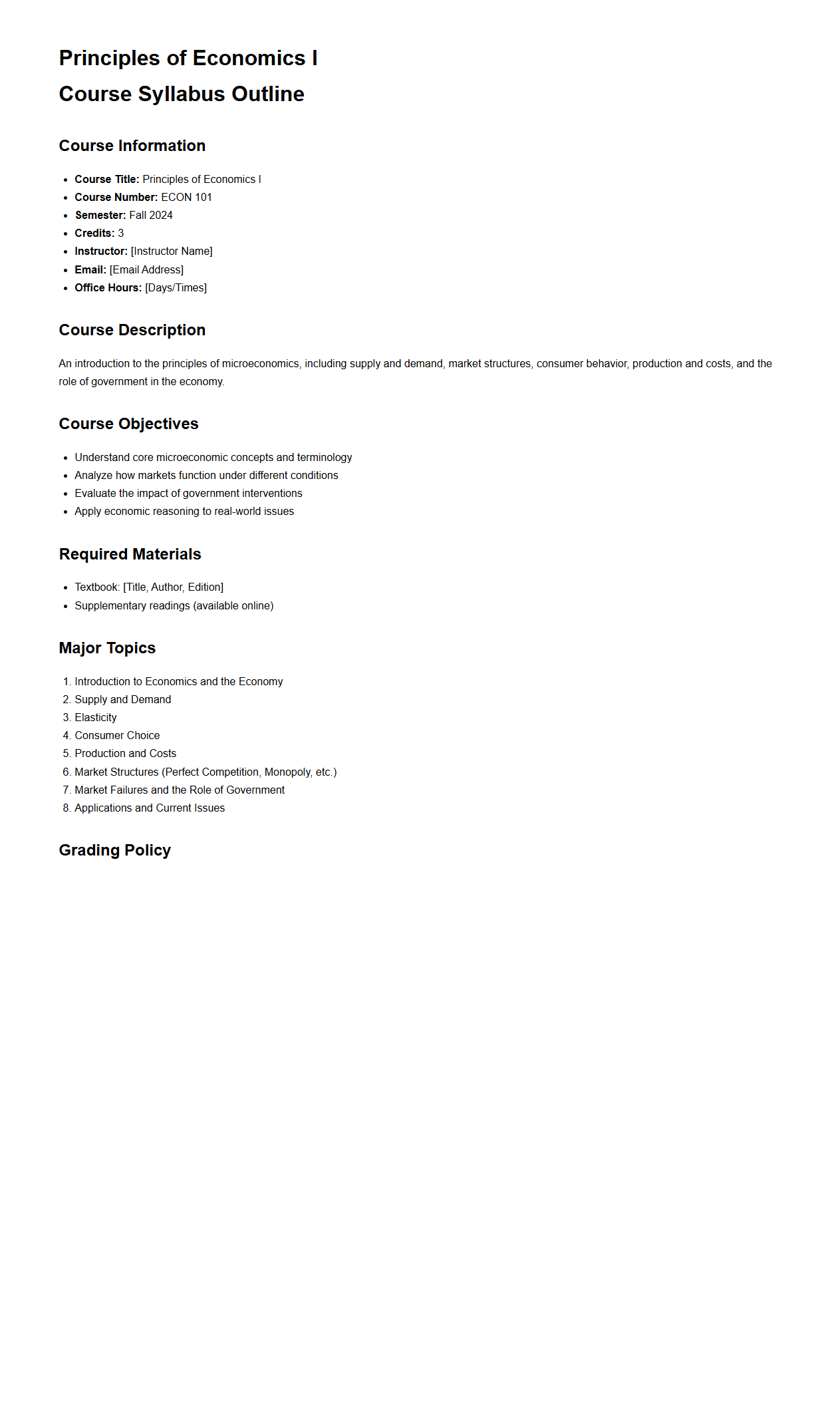 Principles of Economics I Course Syllabus Outline