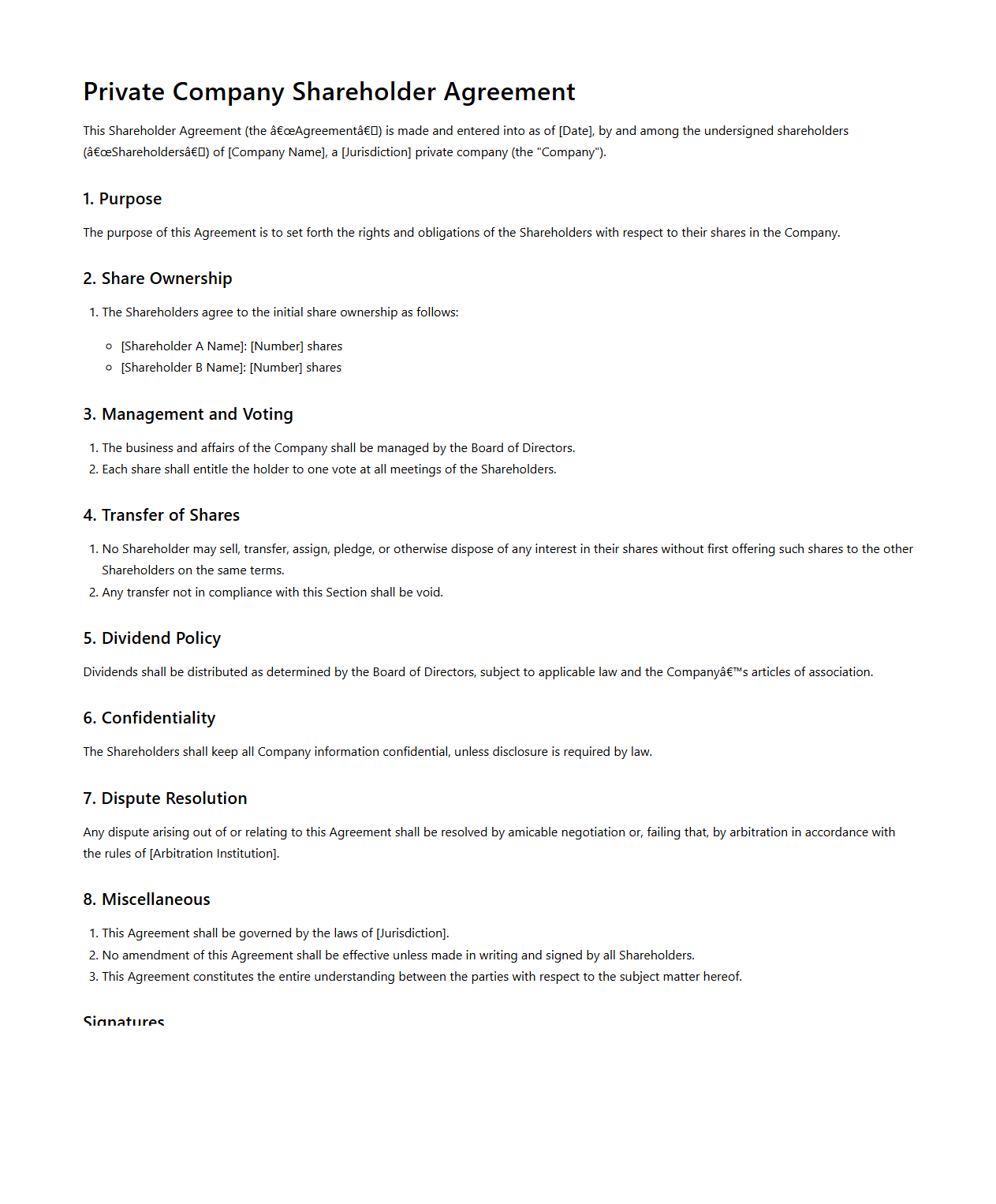 Private Company Shareholder Agreement Example