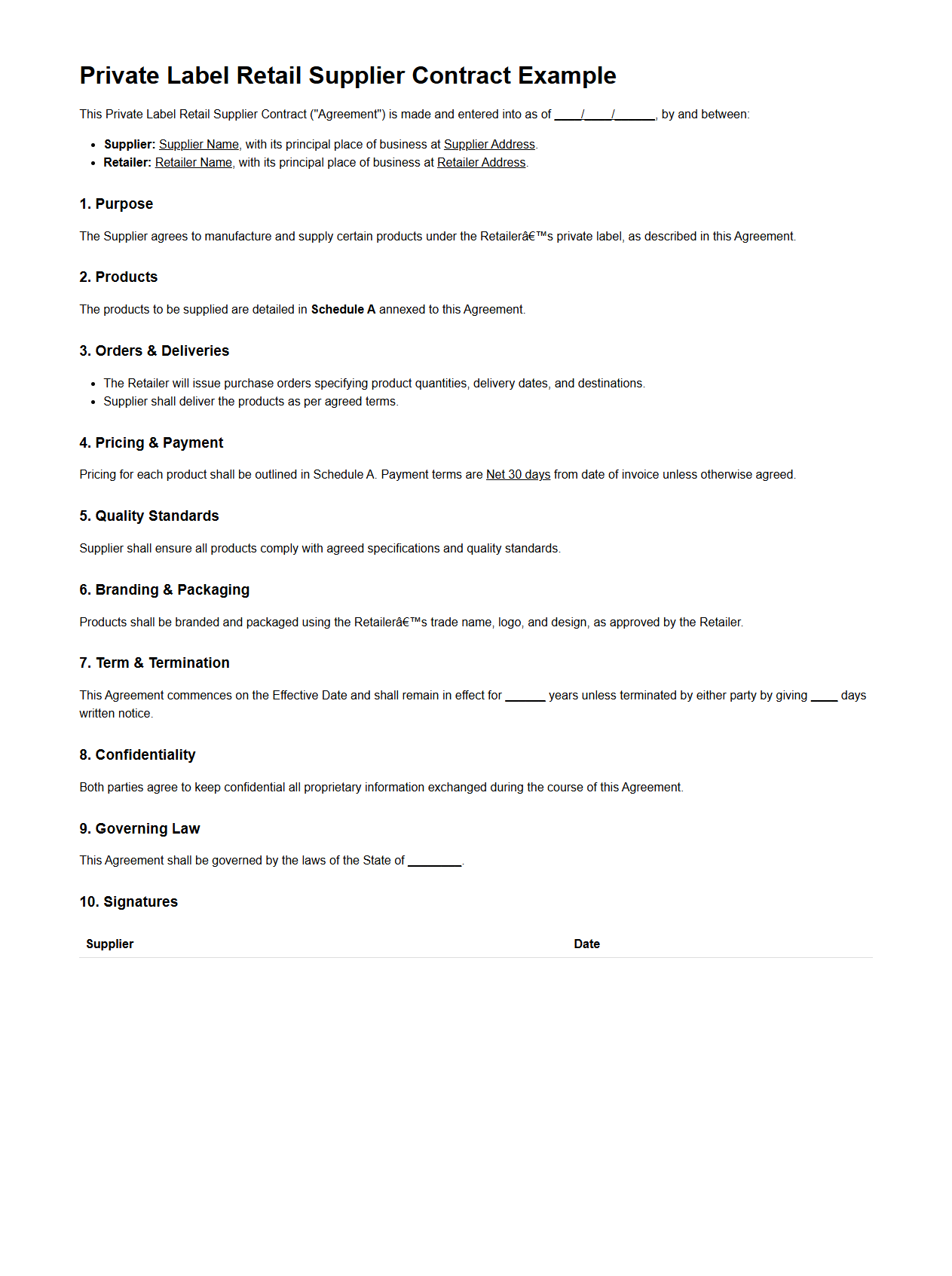 Private Label Retail Supplier Contract Example