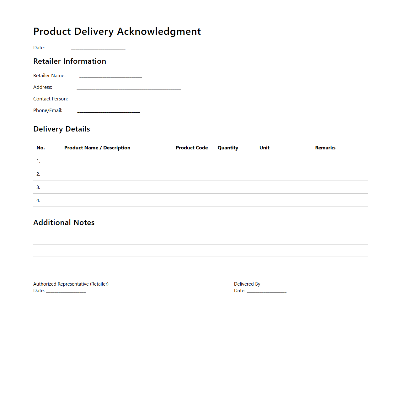 Product Delivery Acknowledgment for Retailers