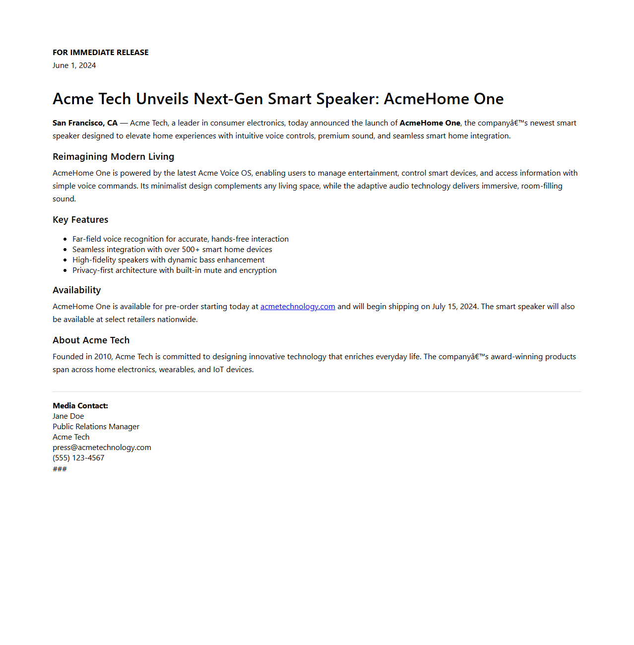 Product Launch Press Release Example