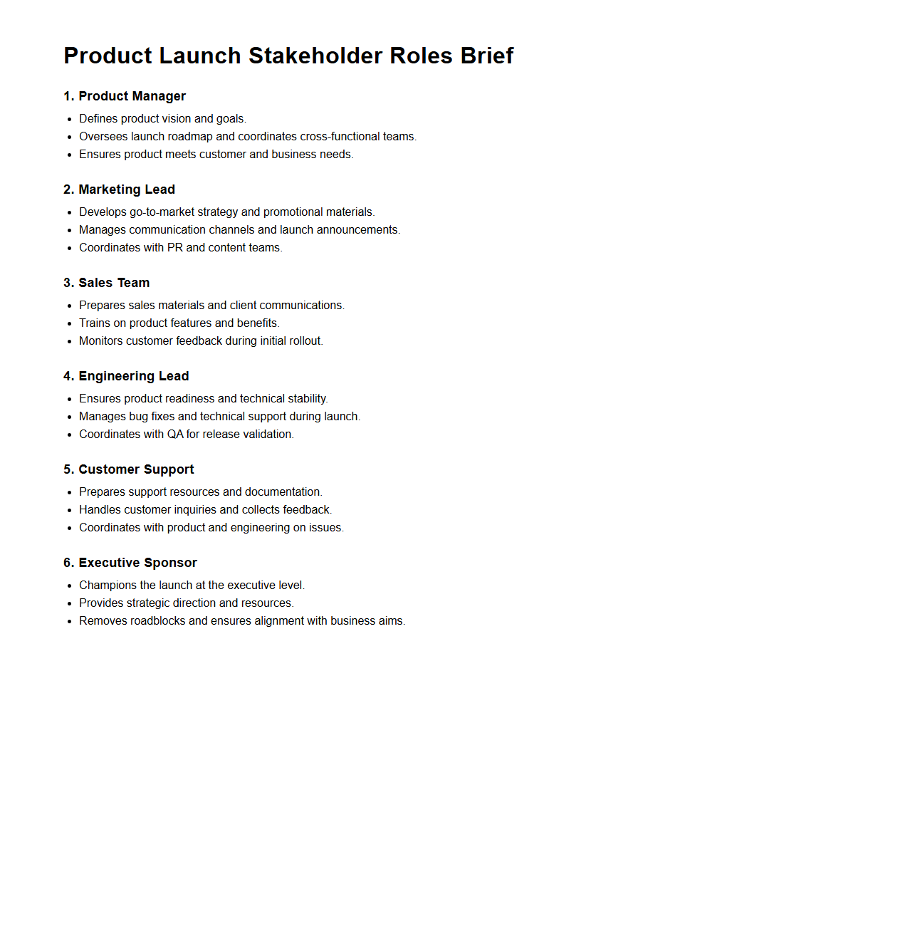 Product Launch Stakeholder Roles Brief