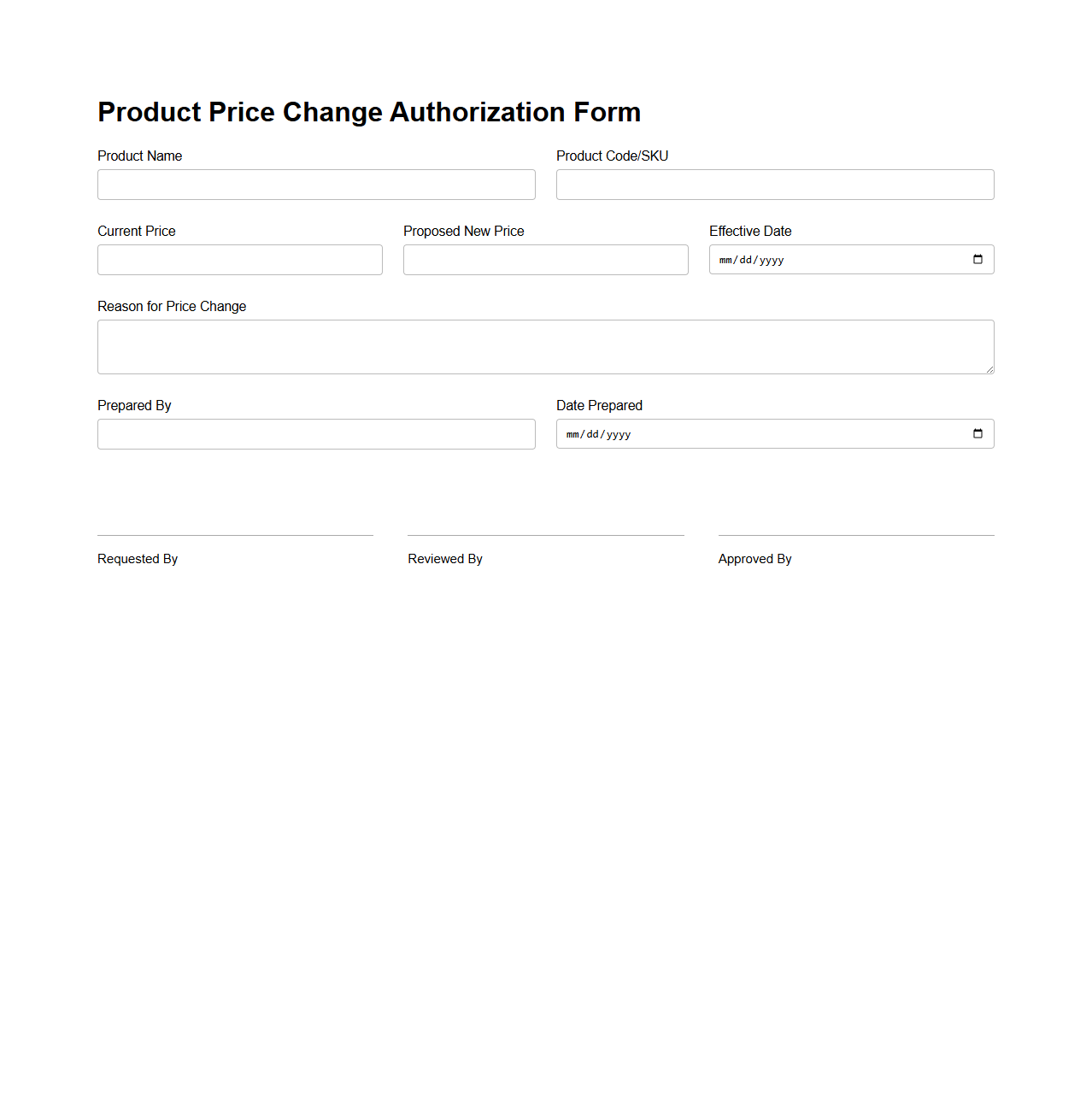 Product Price Change Authorization Form