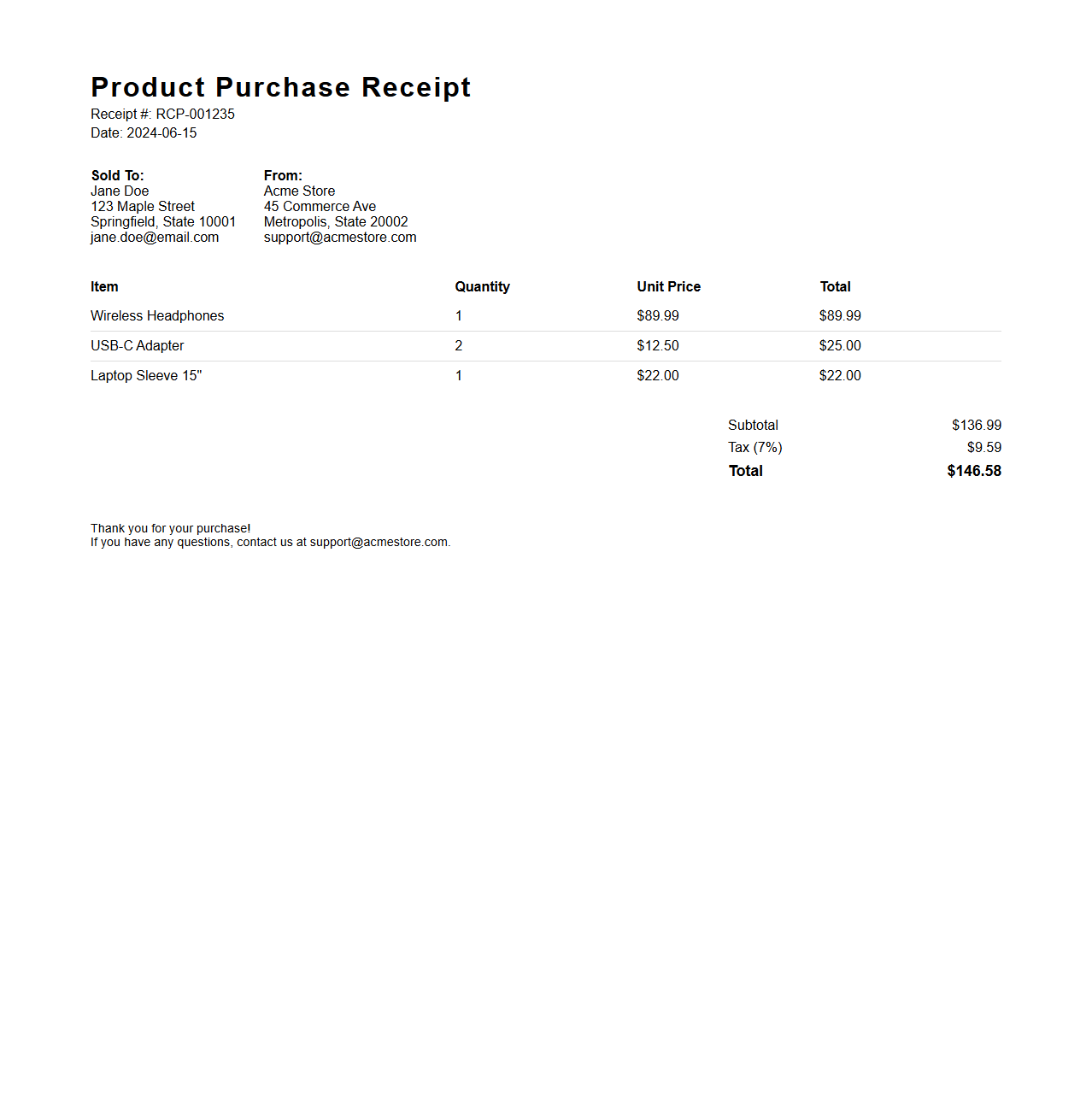 Product Purchase Receipt Example for Customers
