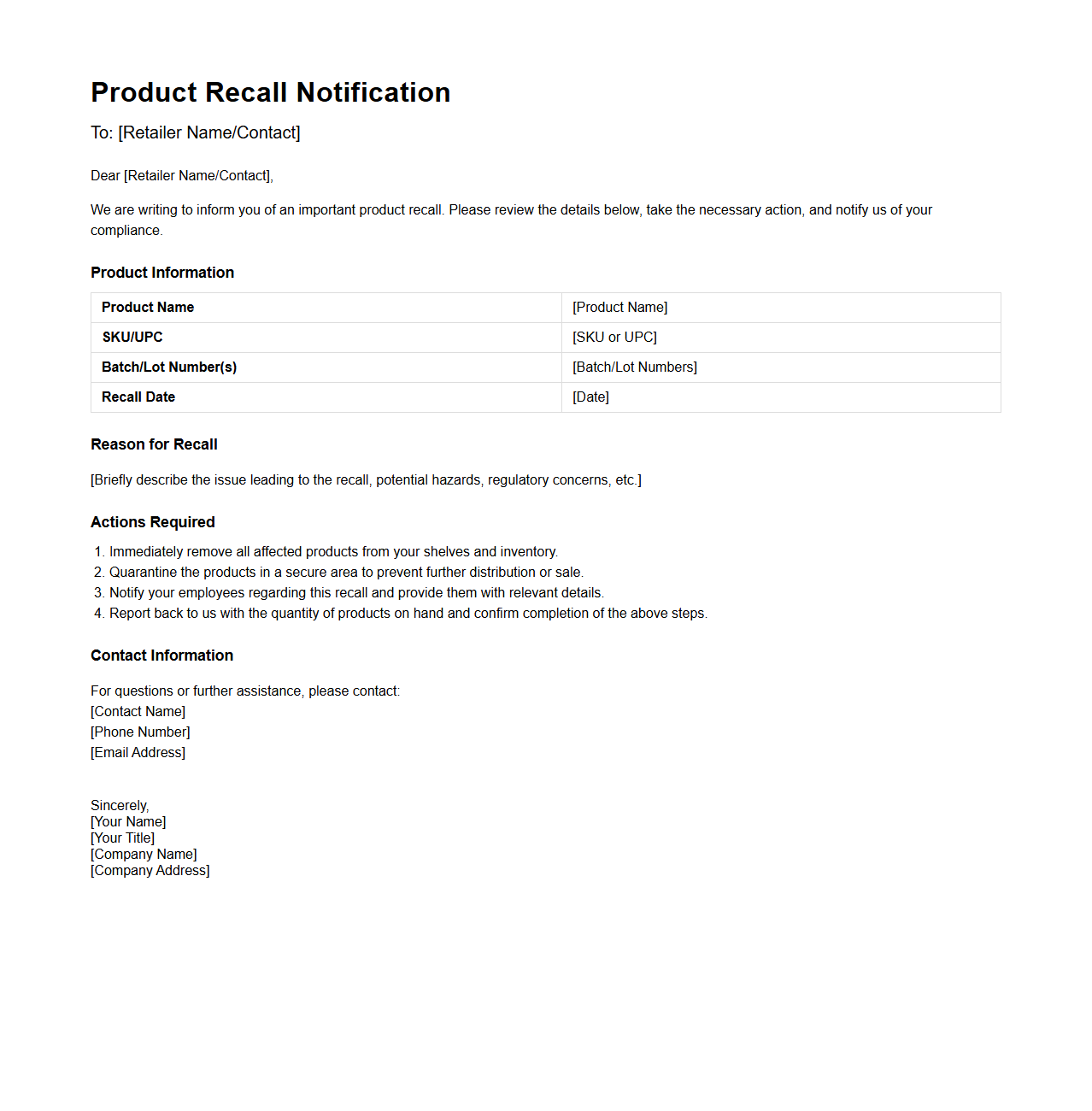 Product Recall Email Notification Template for Retailers