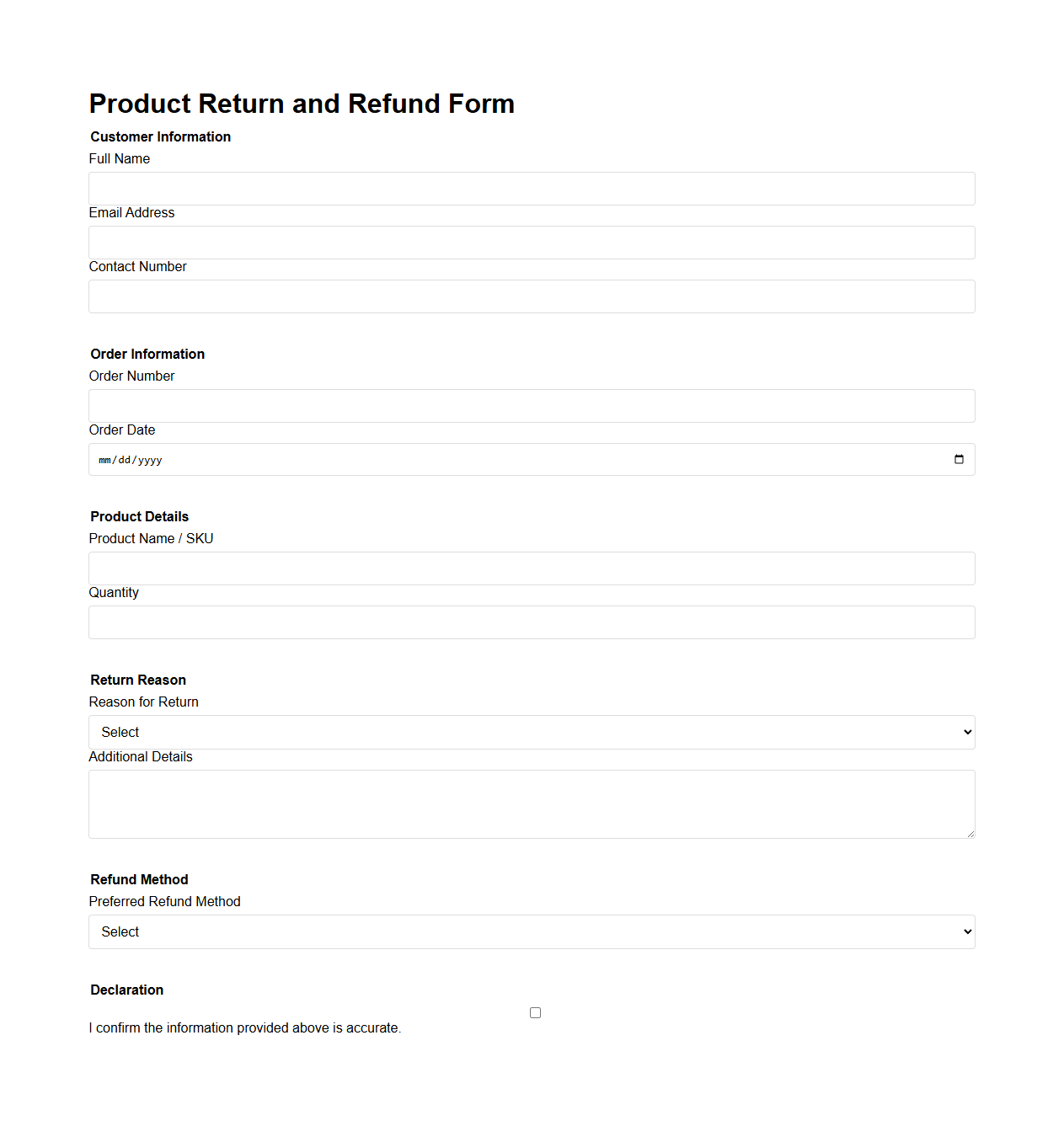 Product Return and Refund Form Sample