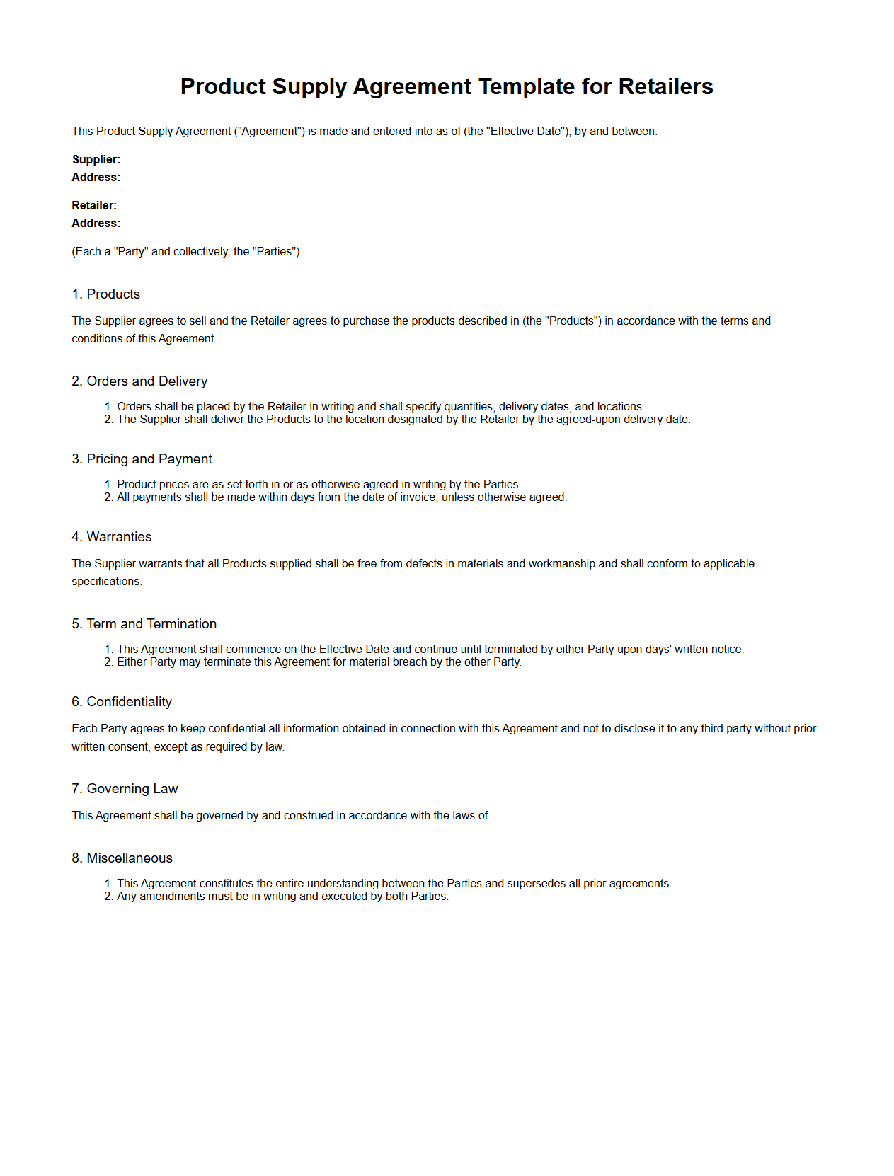 Product Supply Agreement Template for Retailers