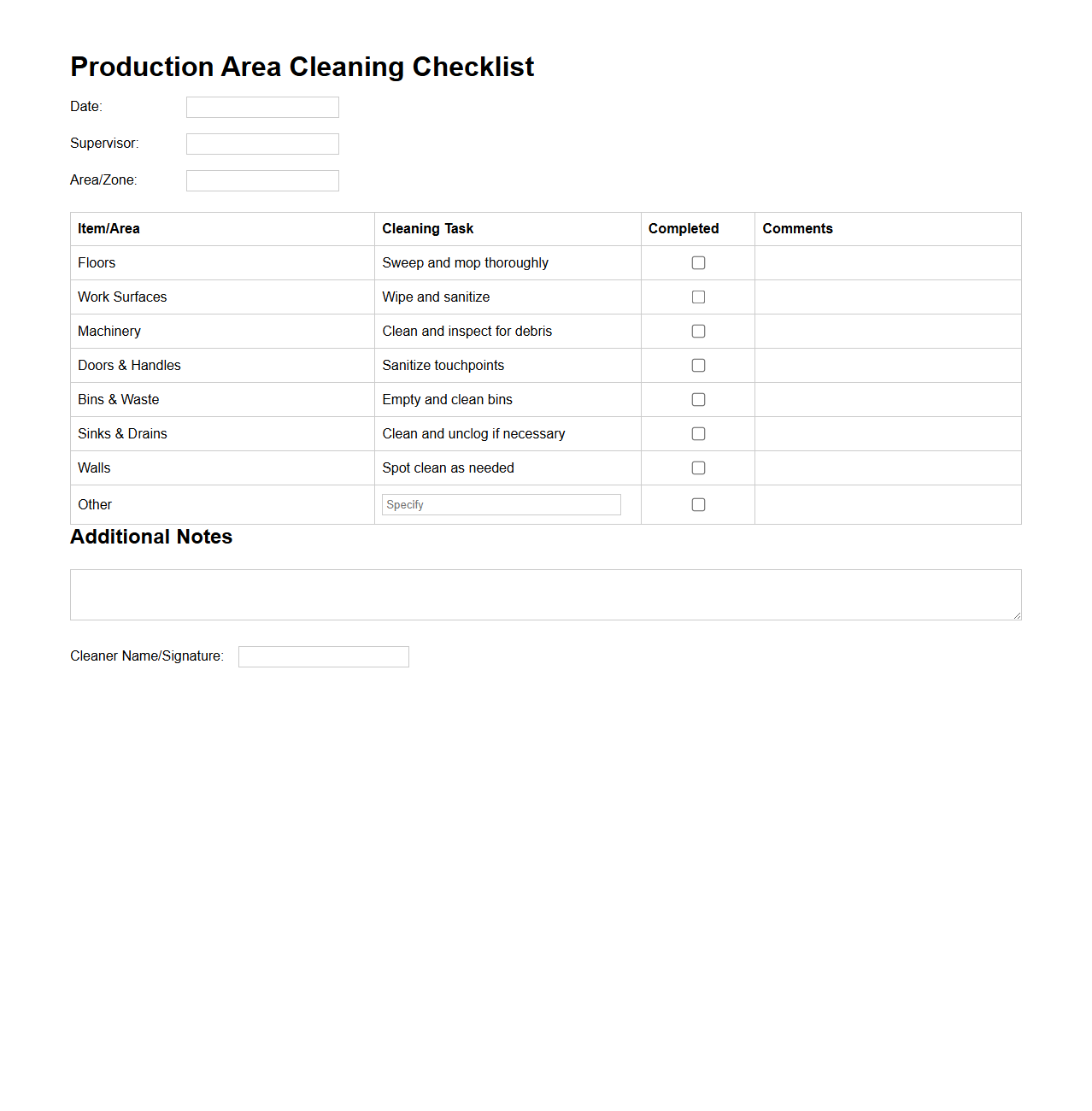 Production Area Cleaning Checklist Template