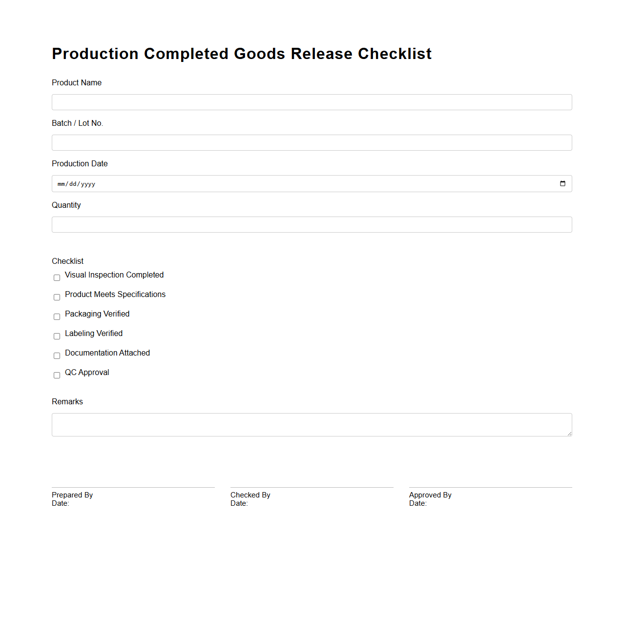 Production Completed Goods Release Checklist