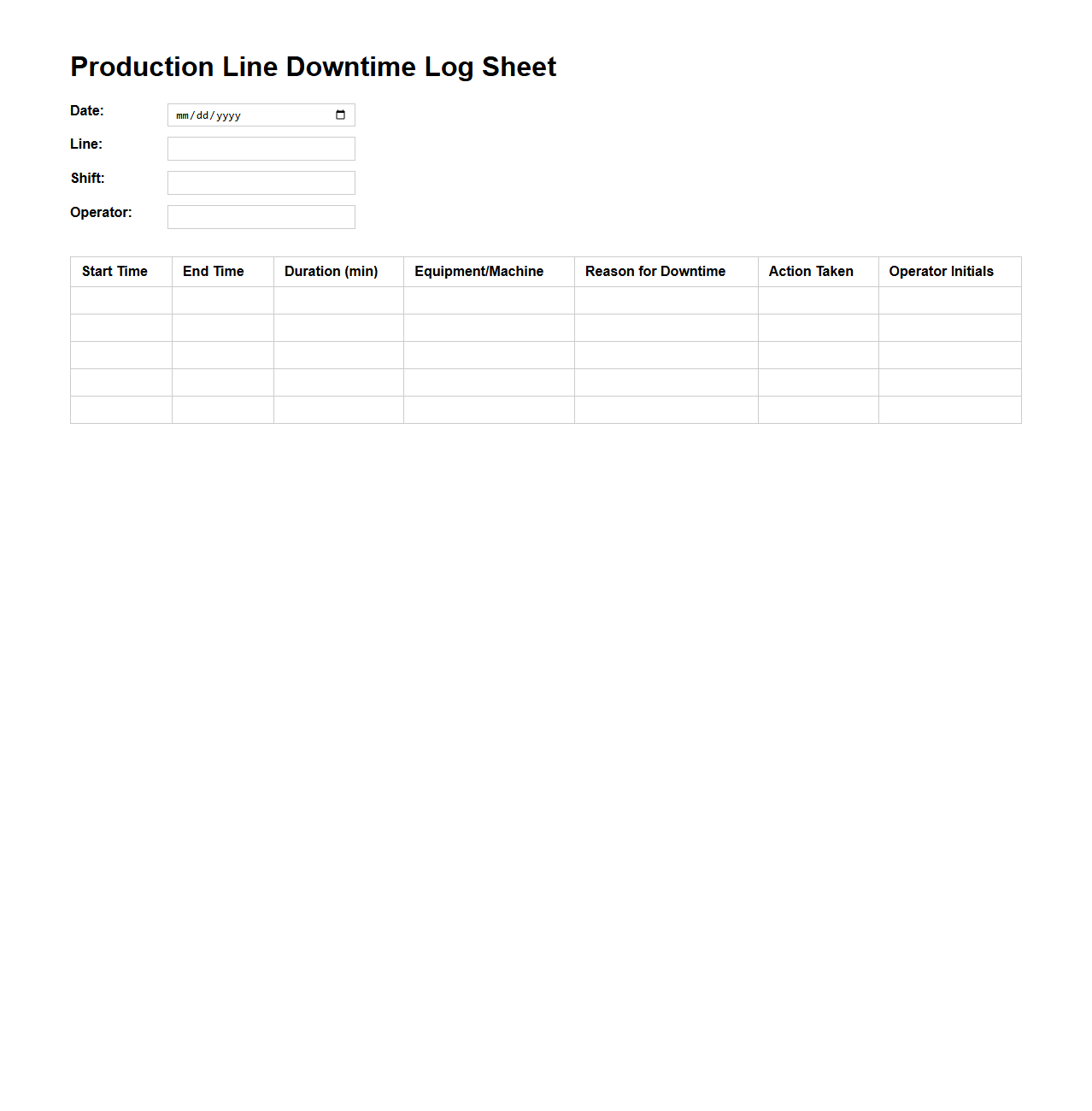 Production Line Downtime Log Sheet