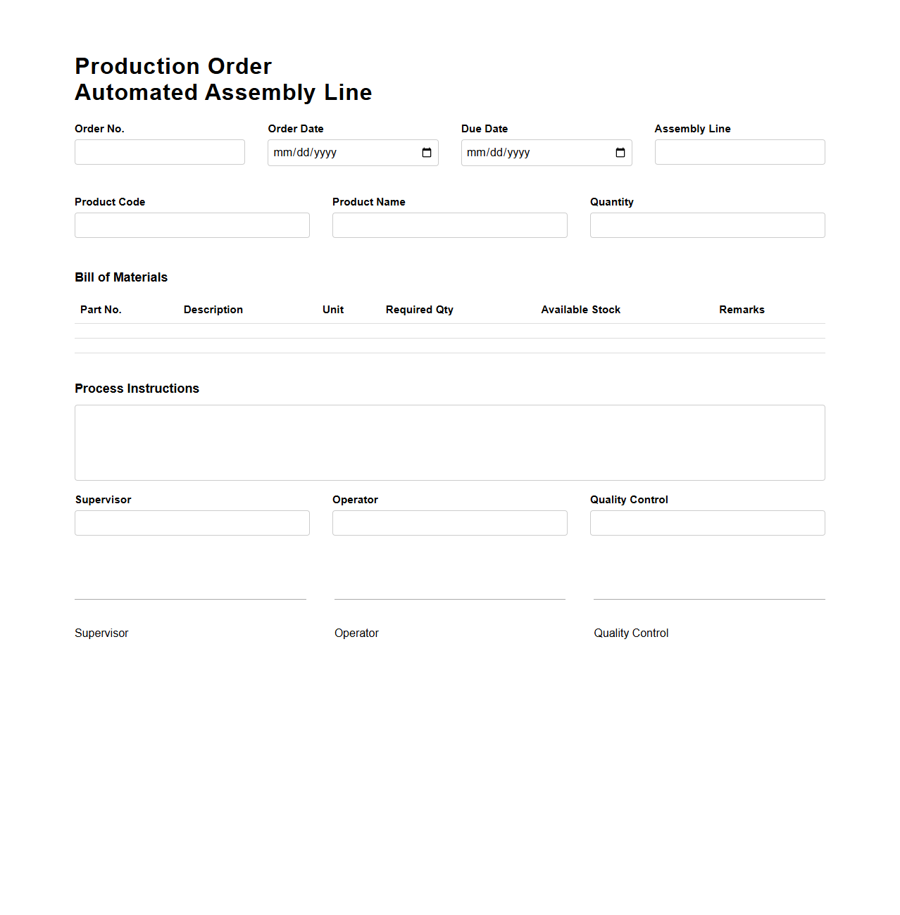 Production Order Template for Automated Assembly Line