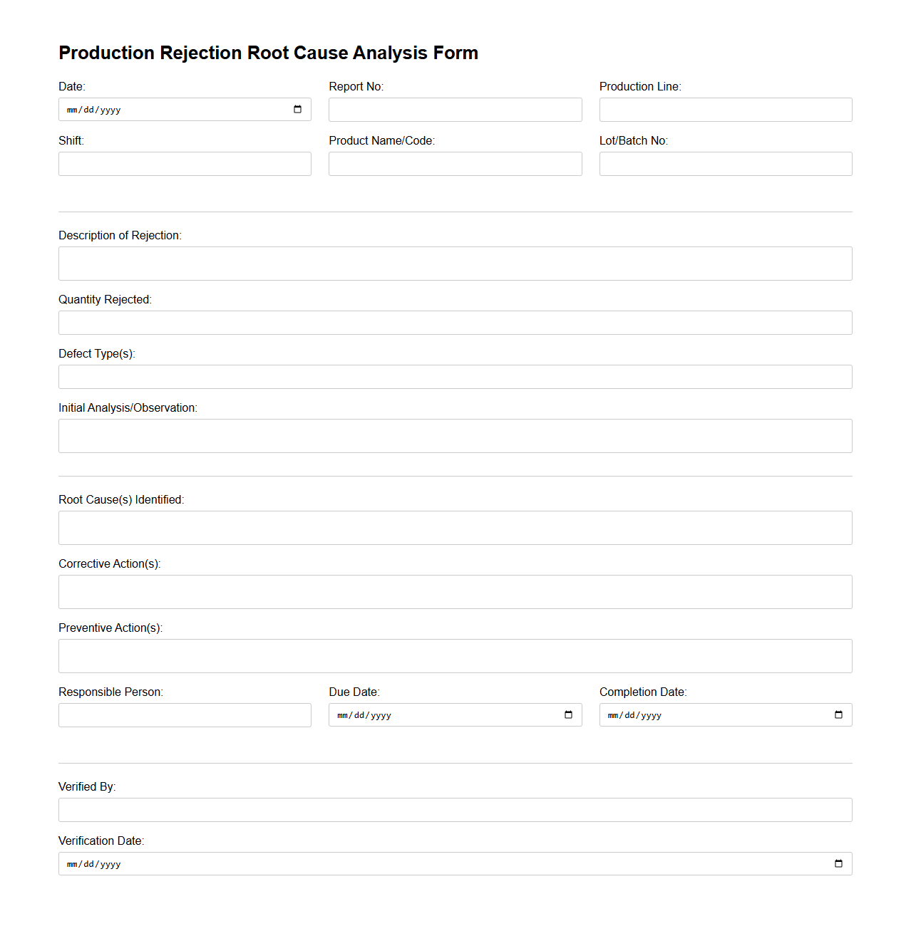 Production Rejection Root Cause Analysis Form