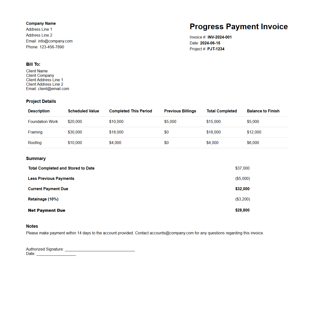 Progress Payment Invoice Document Example