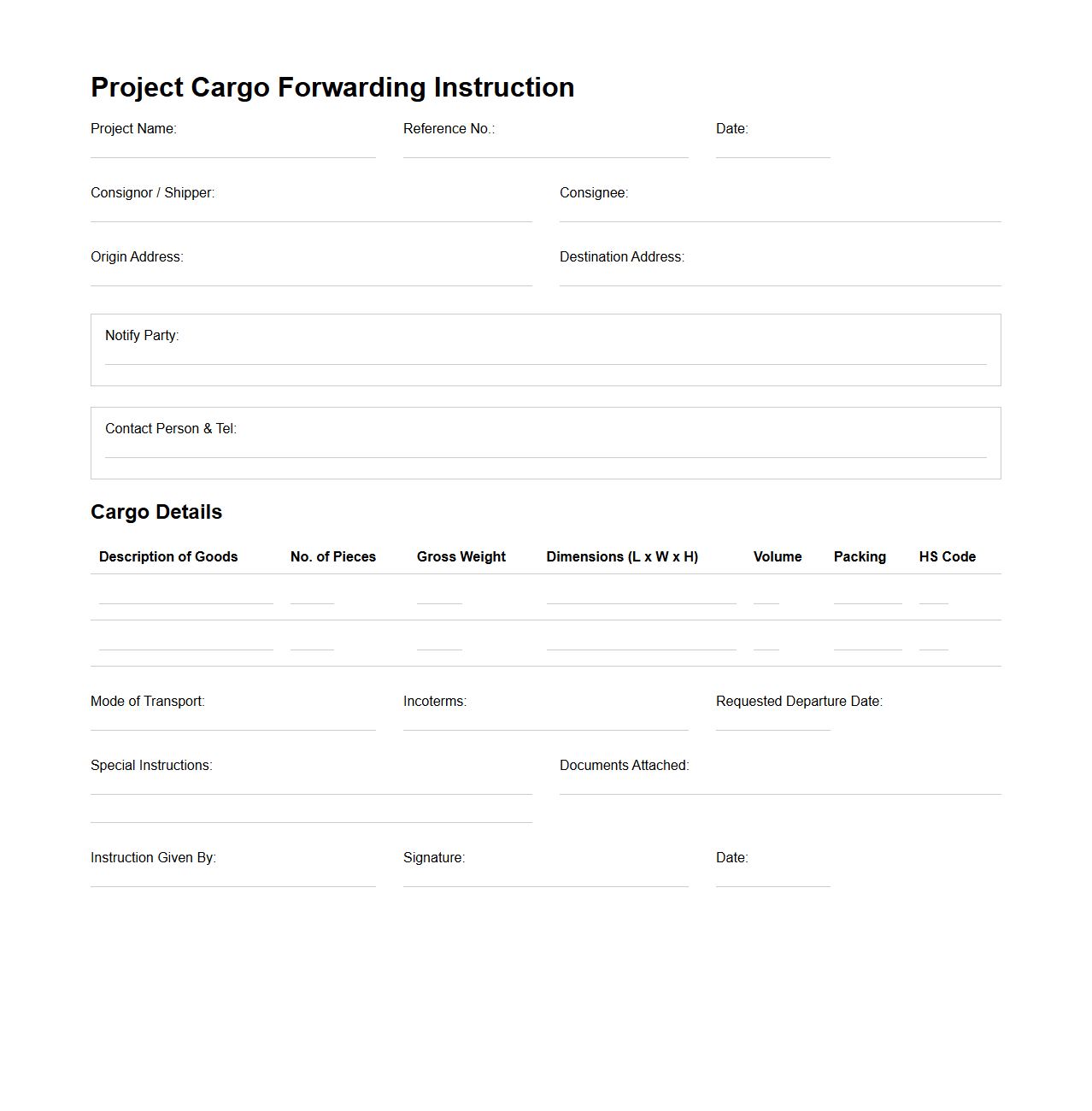 Project Cargo Forwarding Instruction Format