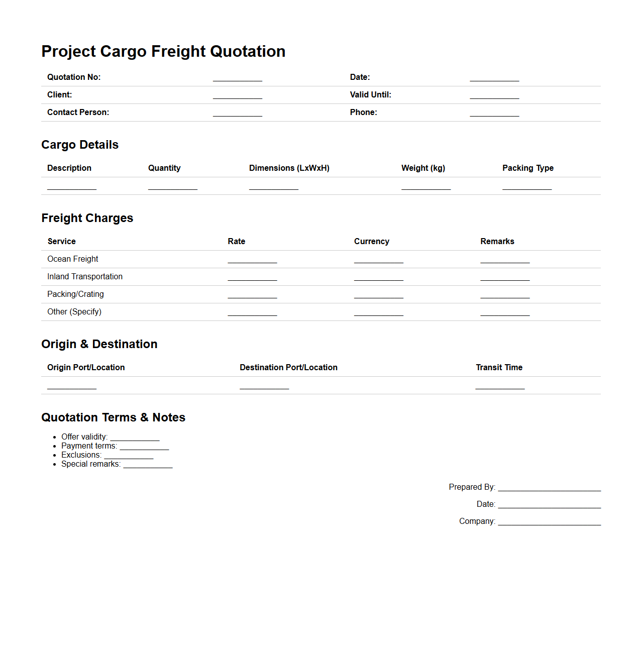 Project Cargo Freight Quotation Document Sample