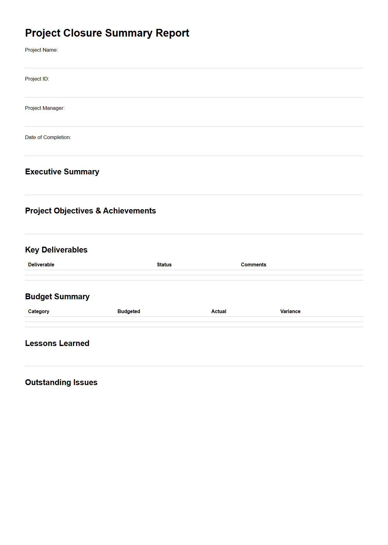 Project Closure Summary Report Template
