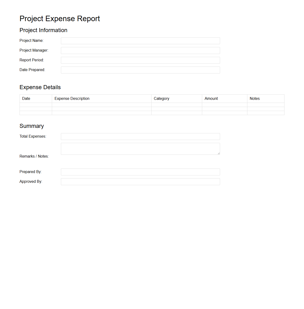 Project Expense Report Template