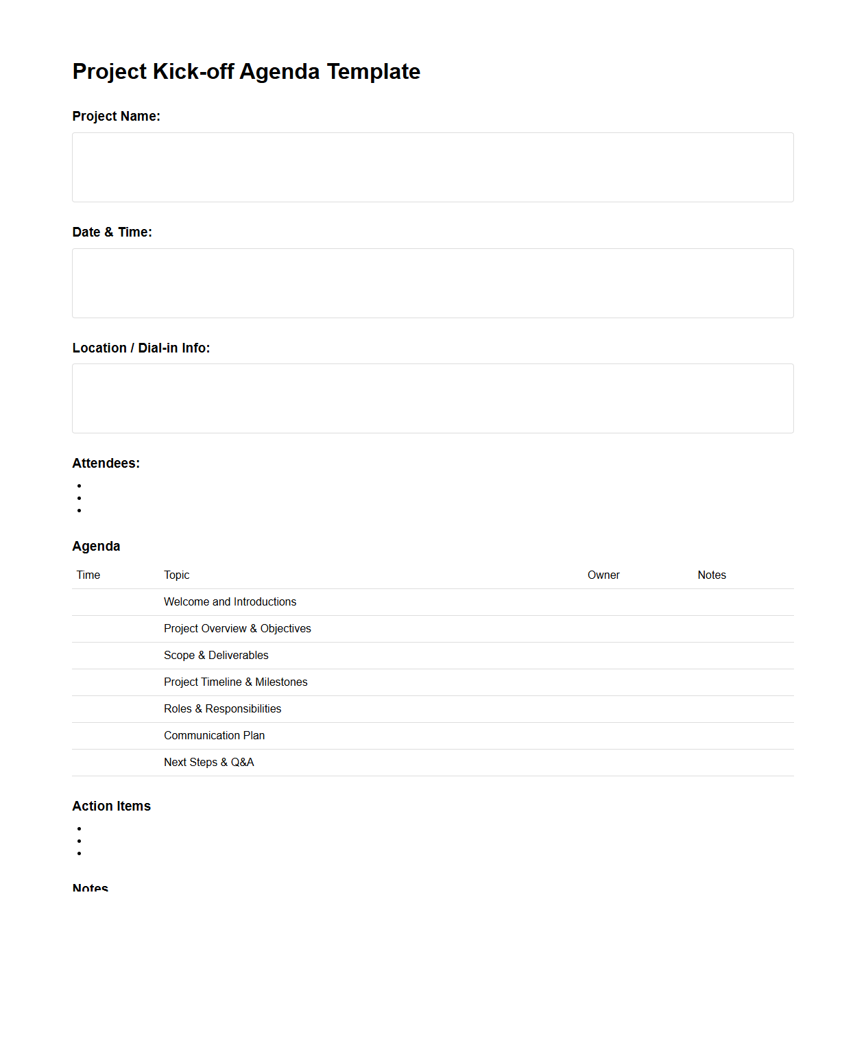 Project Kick-off Agenda Template for Consulting