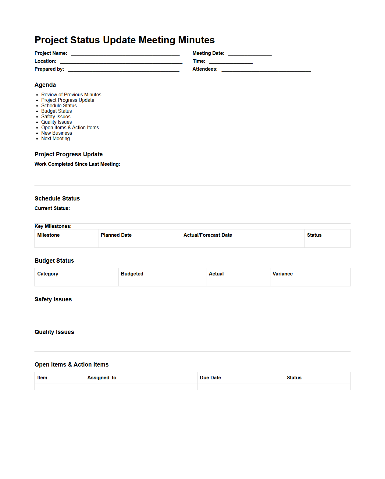 Project Status Update Meeting Minutes for Construction