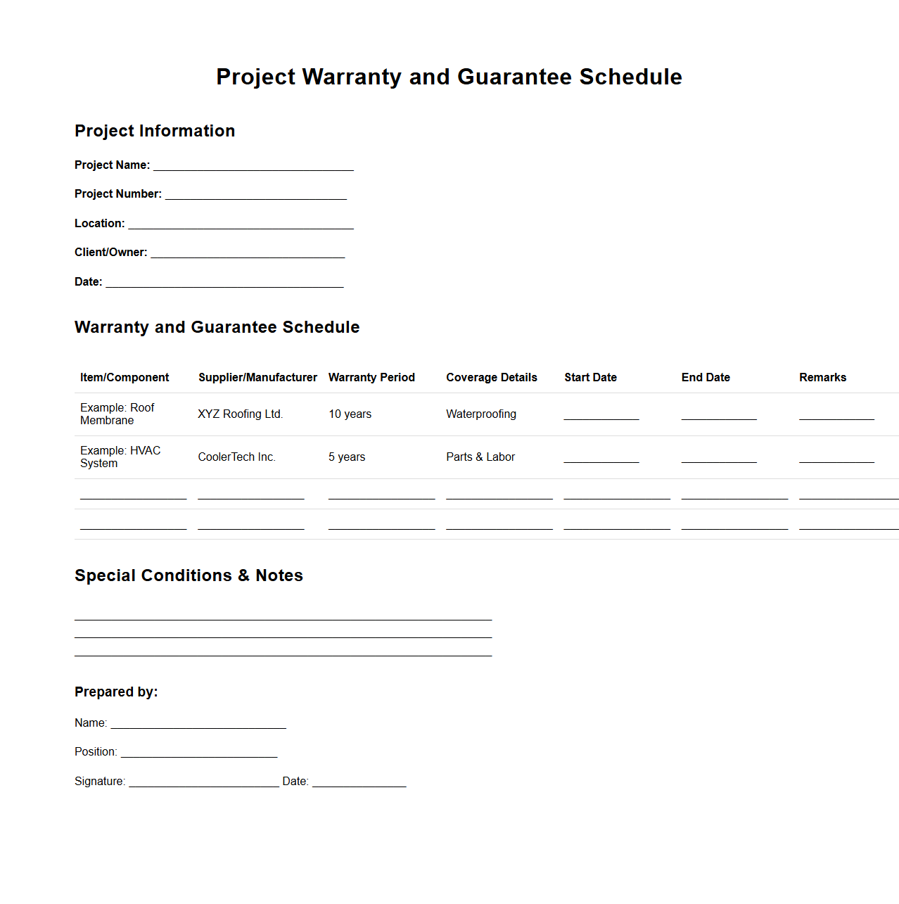 Project Warranty and Guarantee Schedule Sample