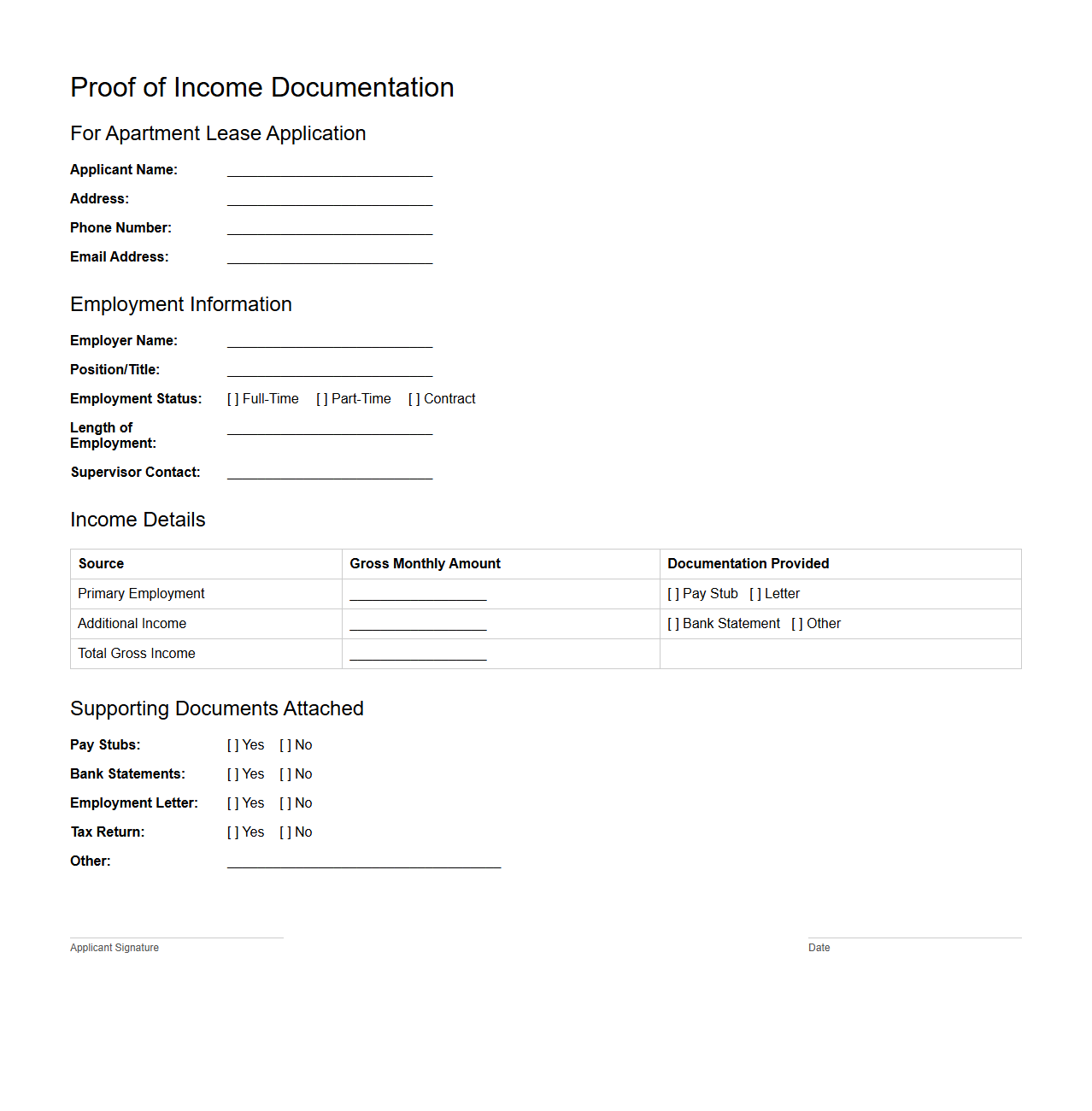 Proof of Income Documentation Example for Apartment Lease