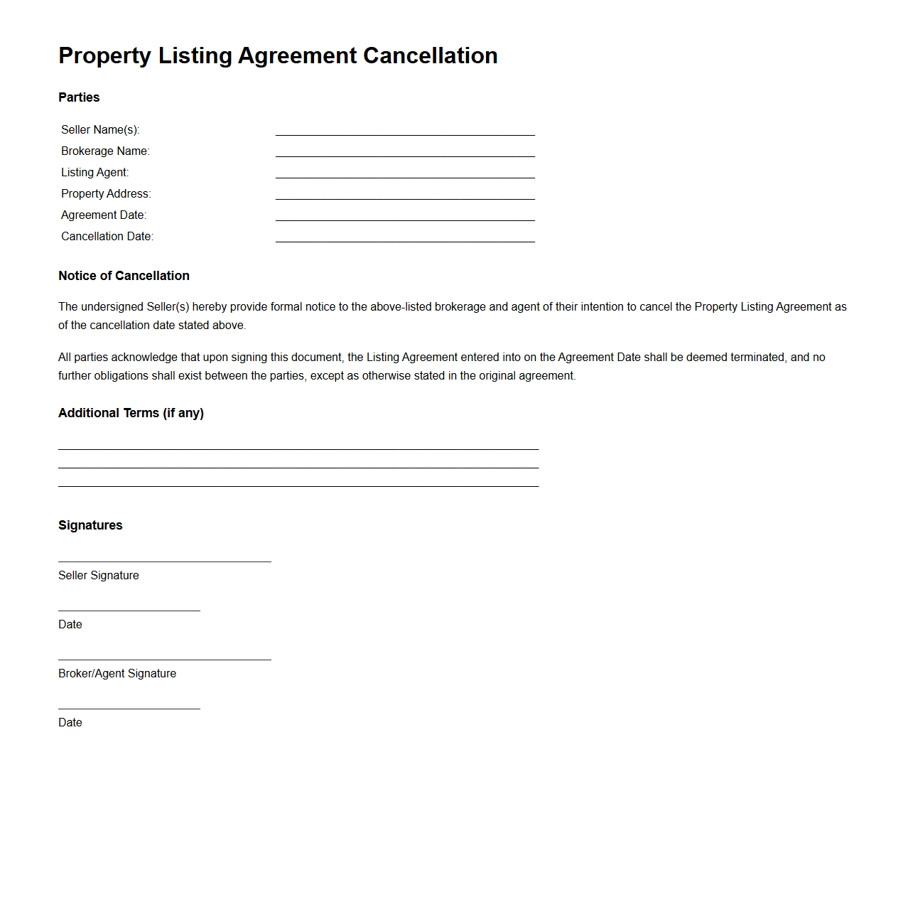 Property Listing Agreement Cancellation Template