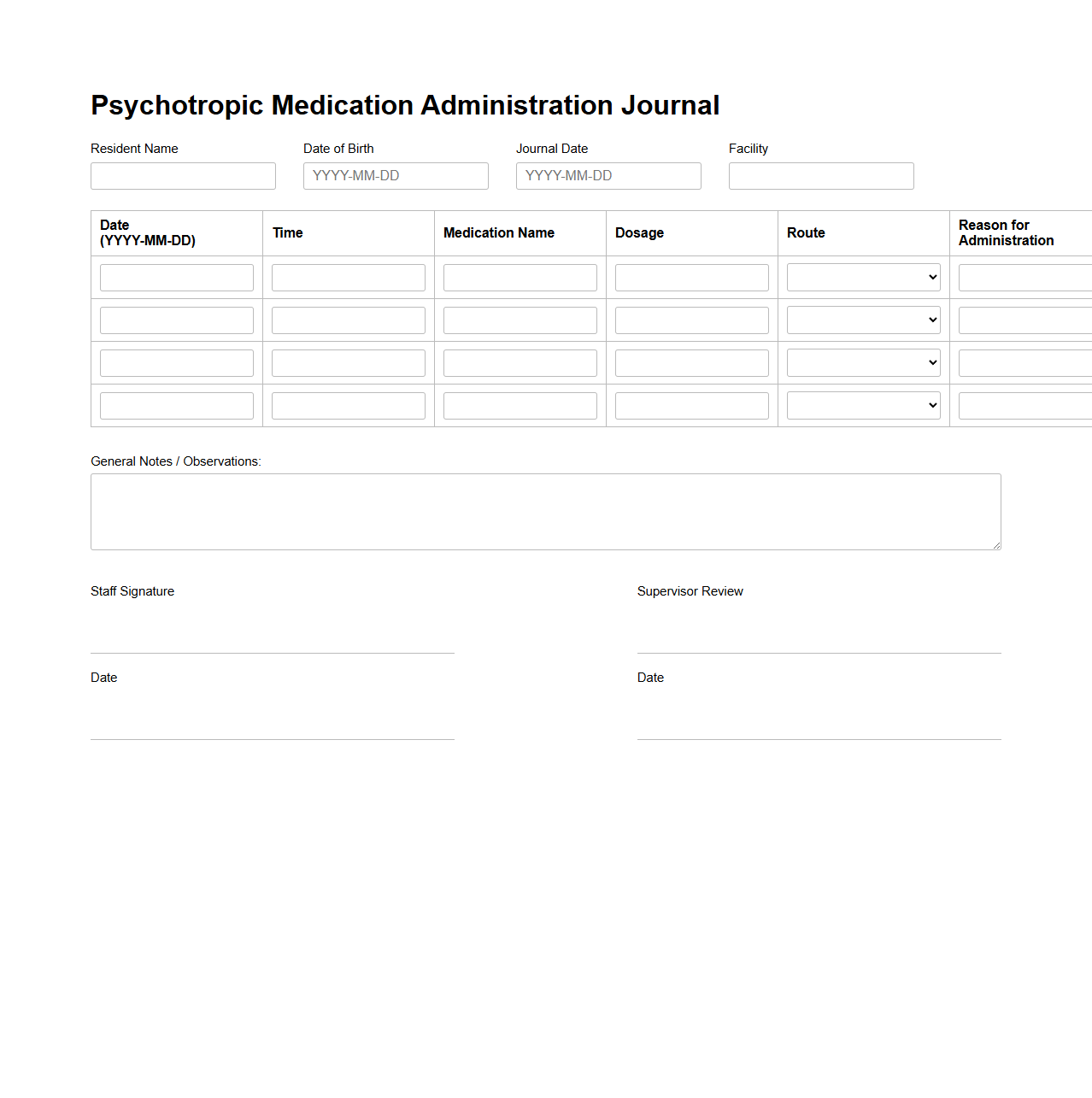 Psychotropic Medication Administration Journal for Elderly Care