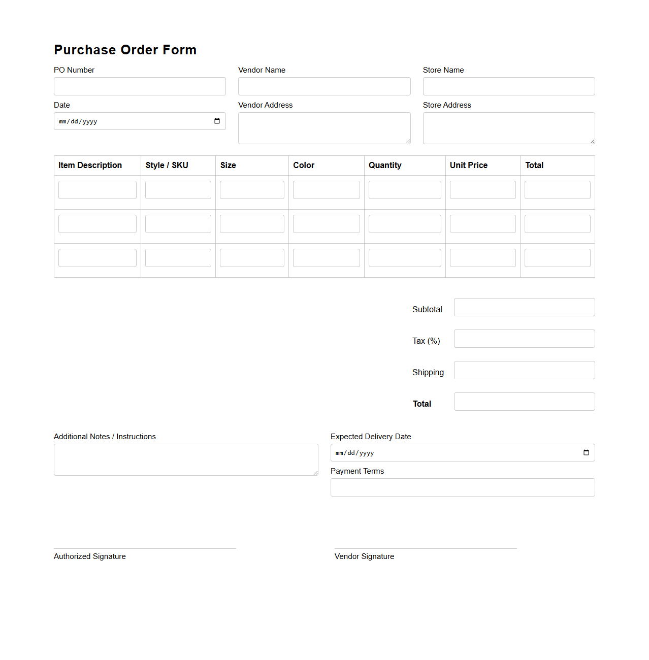 Purchase Order Form for Retail Clothing Store