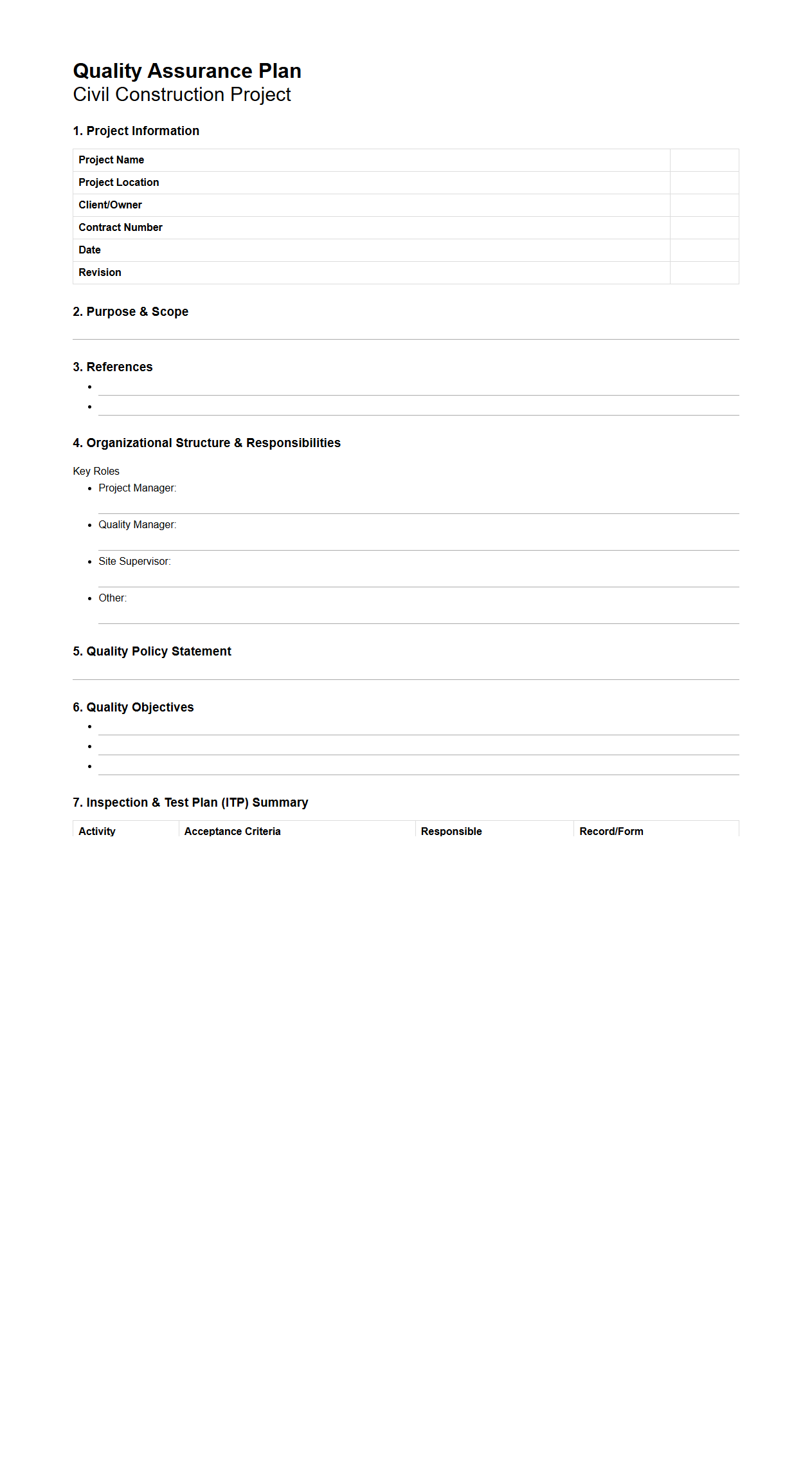 Quality Assurance Plan Template for Civil Construction