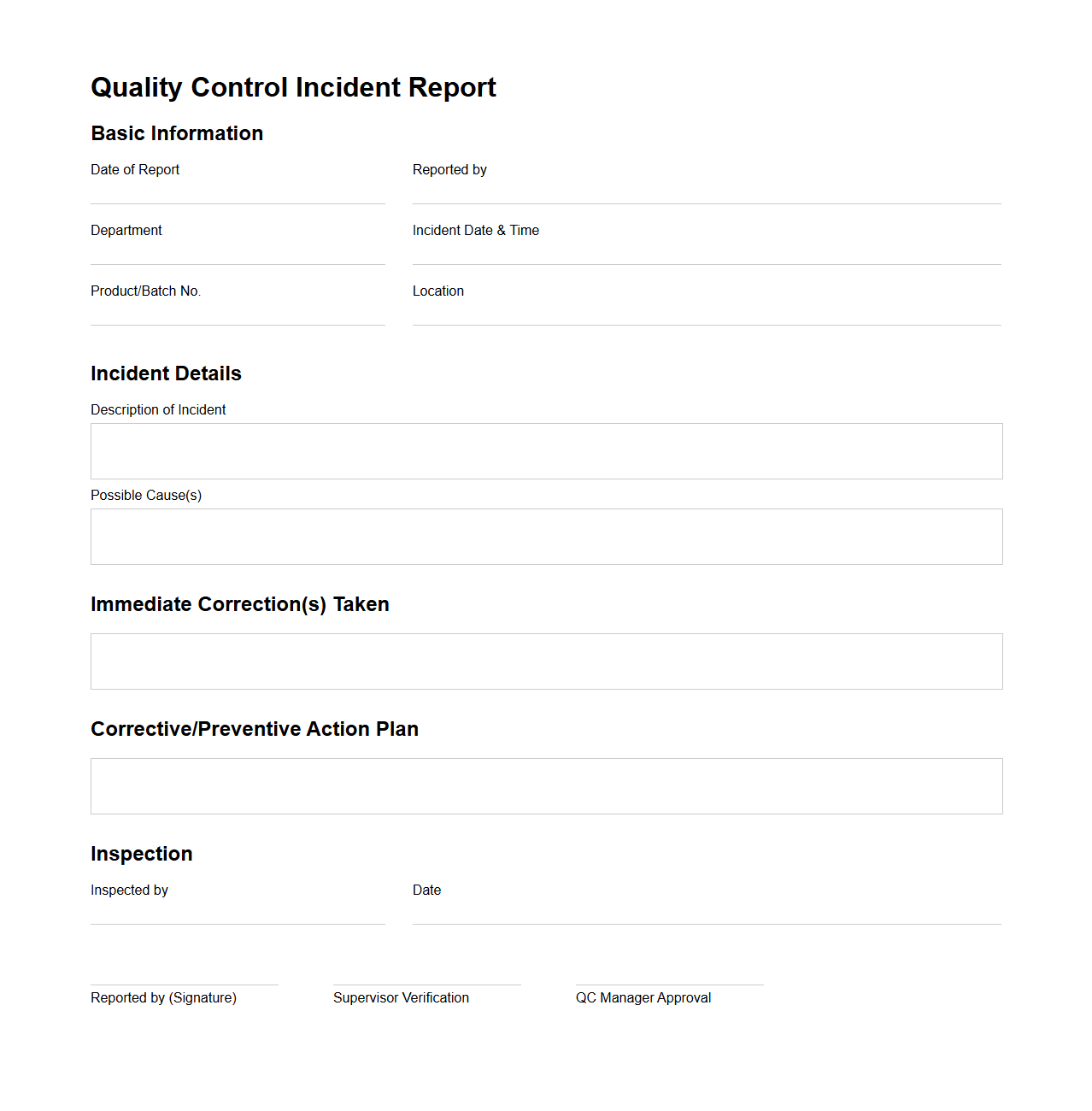 Quality Control Incident Report Document Sample for Manufacturing