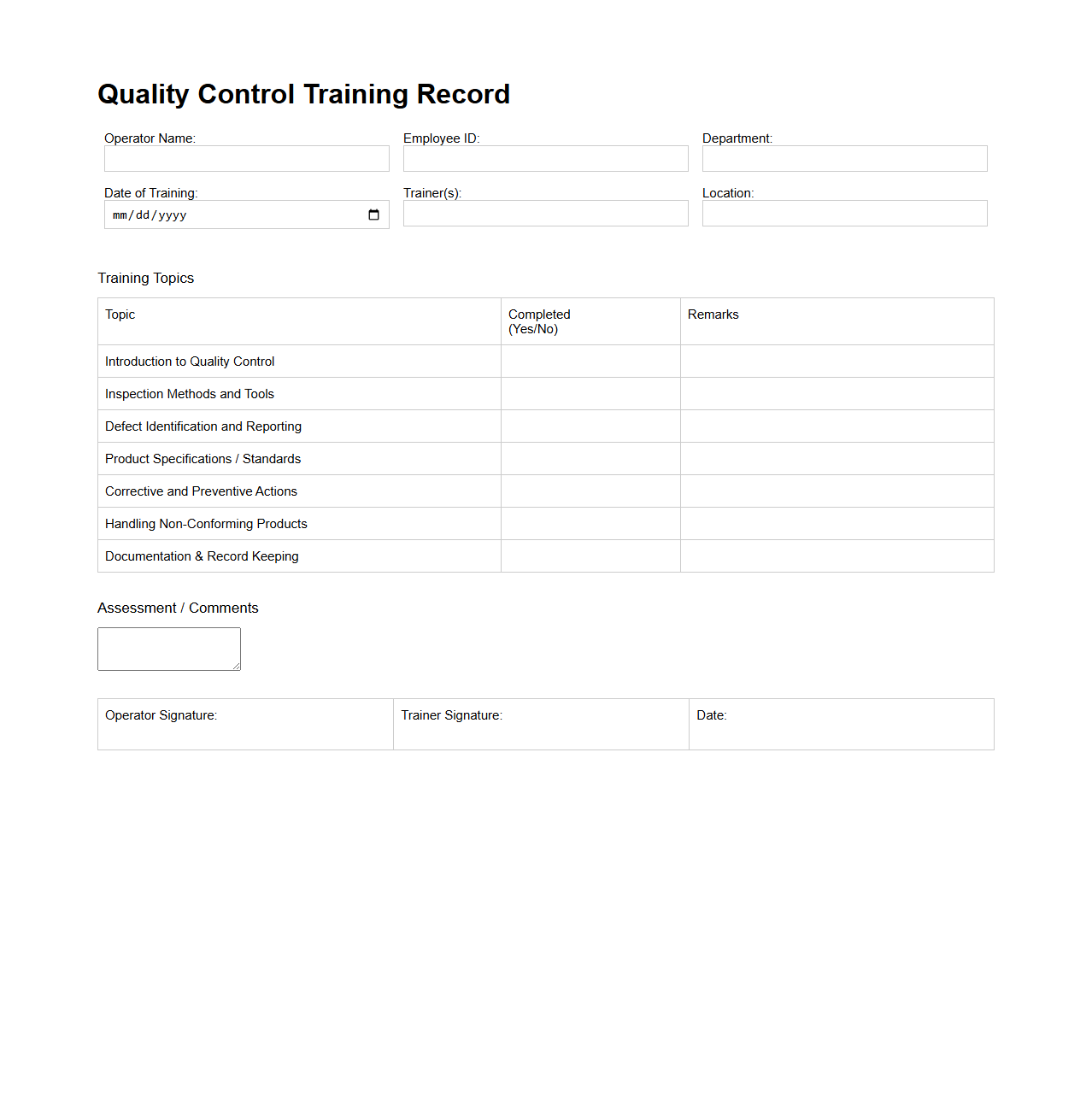 Quality Control Training Record for Manufacturing Operators