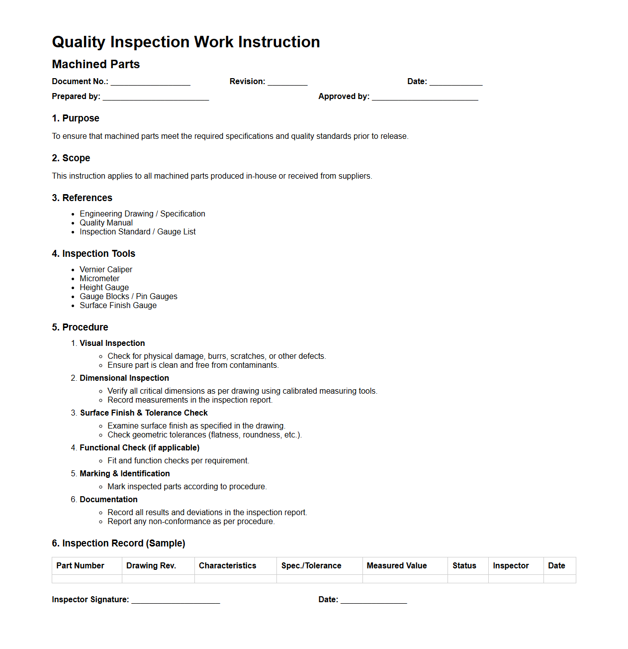 Quality Inspection Work Instruction for Machined Parts