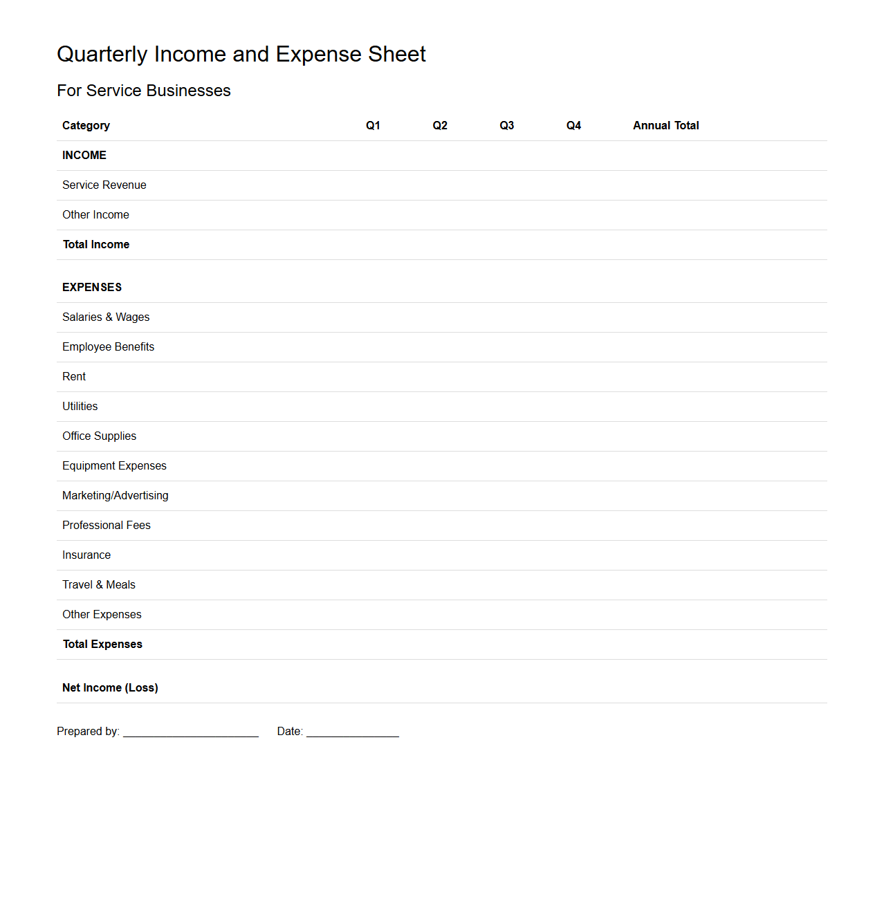 Quarterly Income and Expense Sheet for Service Businesses