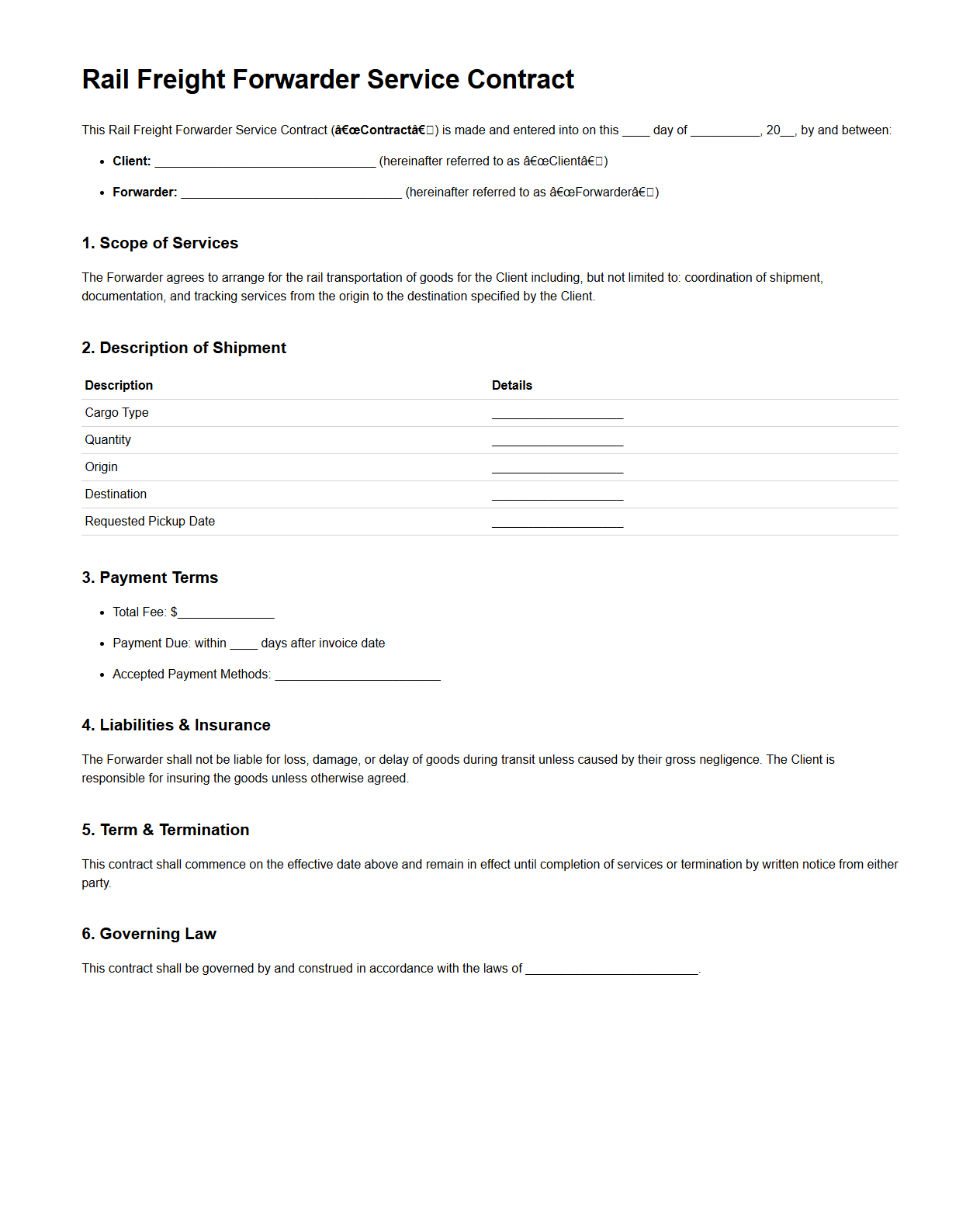 Rail Freight Forwarder Service Contract Example