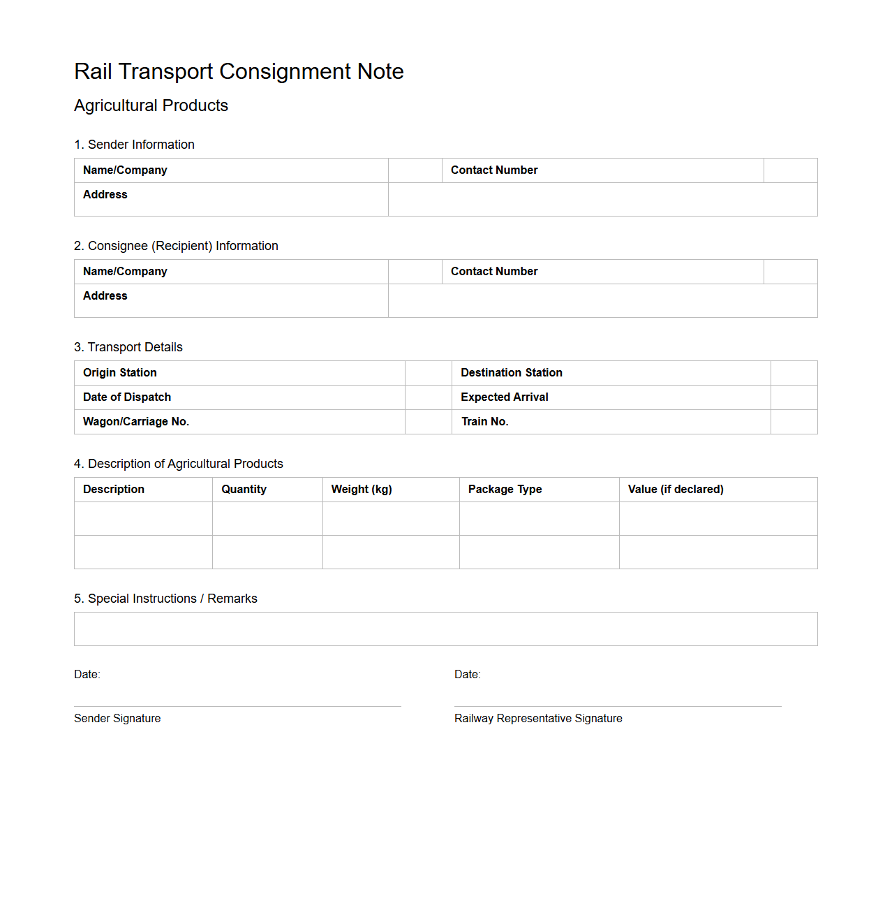 Rail Transport Consignment Note for Agricultural Products