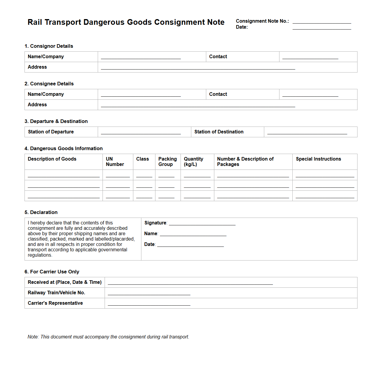 Rail Transport Dangerous Goods Consignment Note