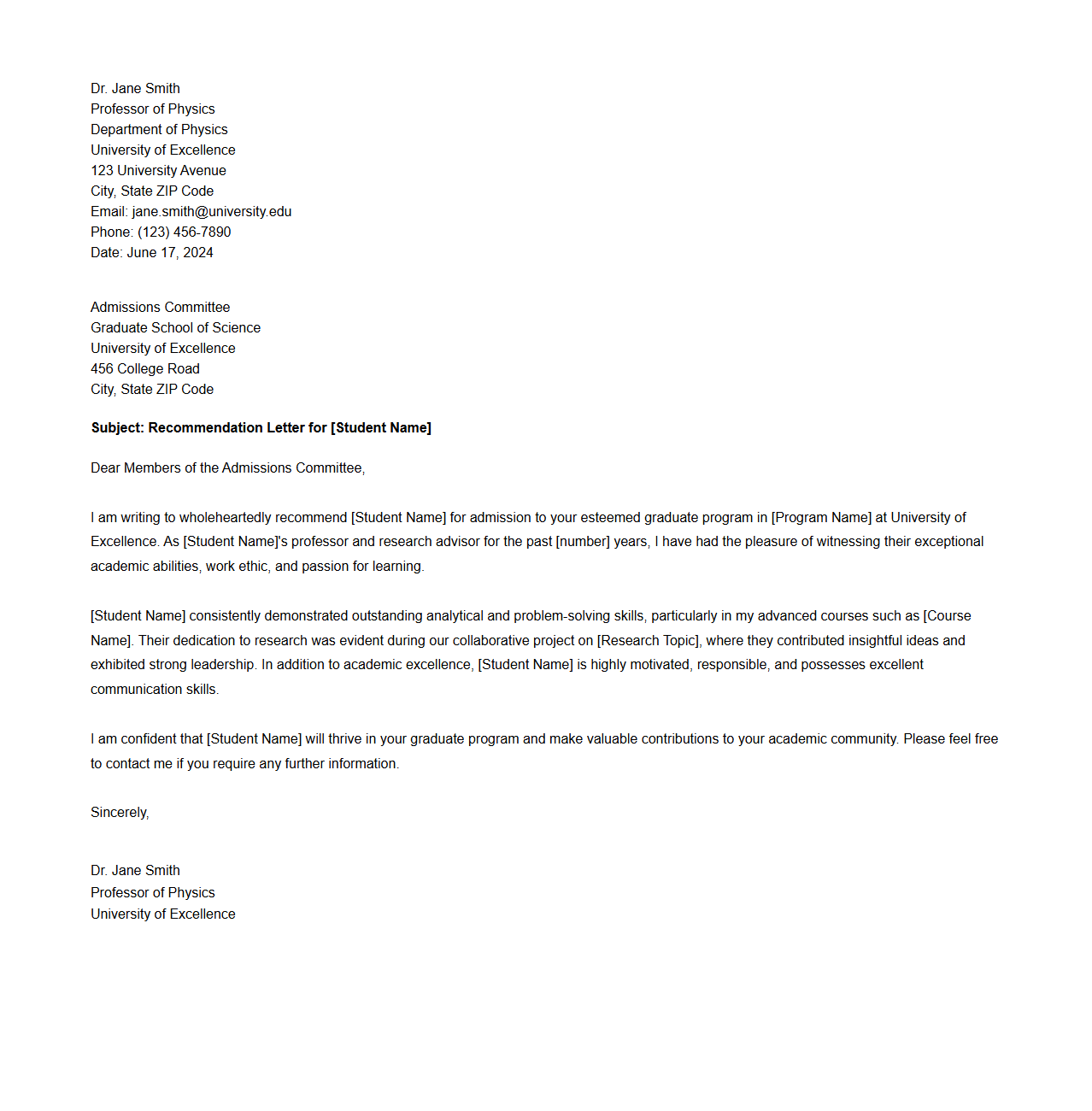 Recommendation Letter for Graduate School Application