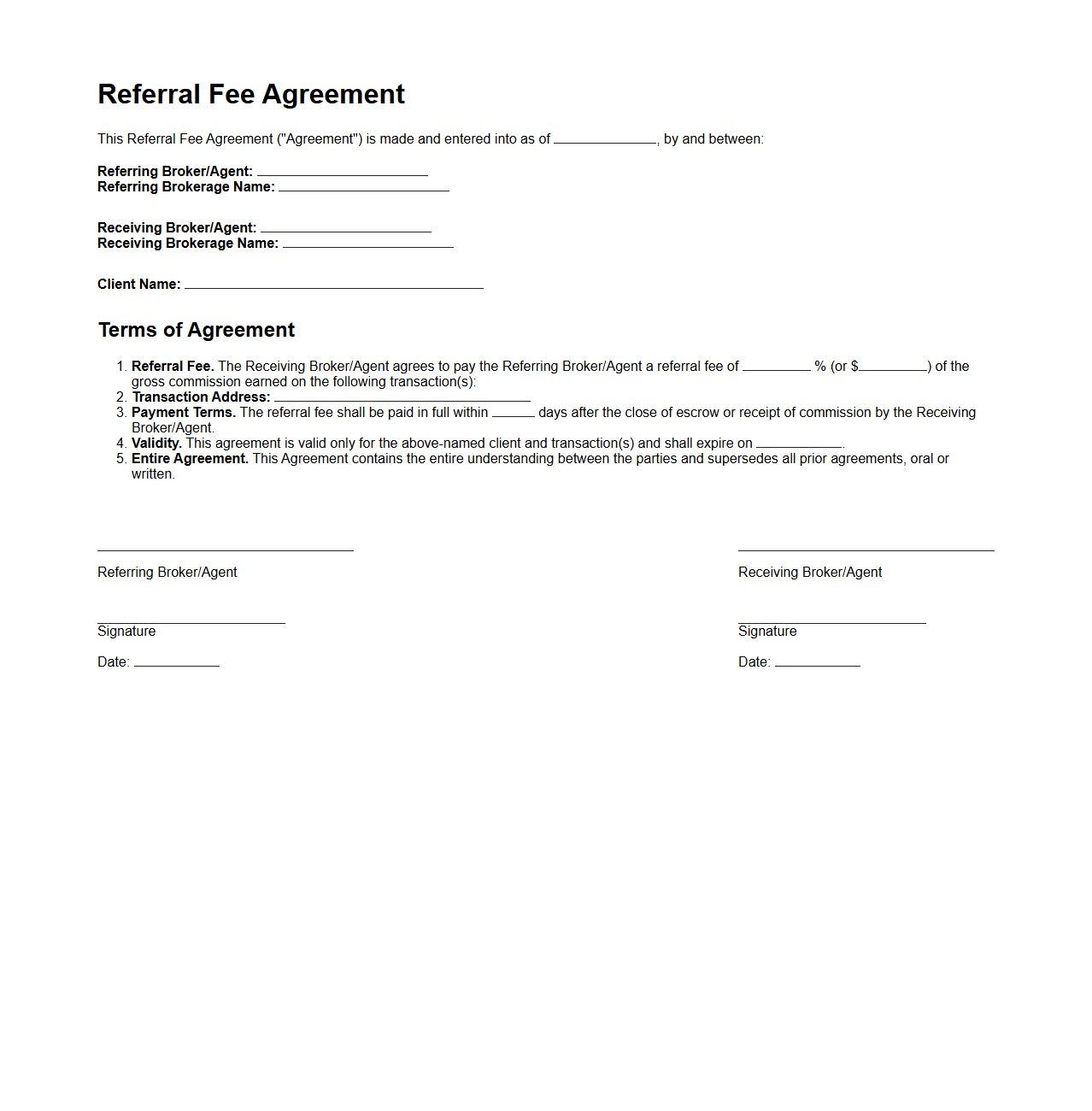 Referral Fee Agreement Sample for Real Estate Transactions