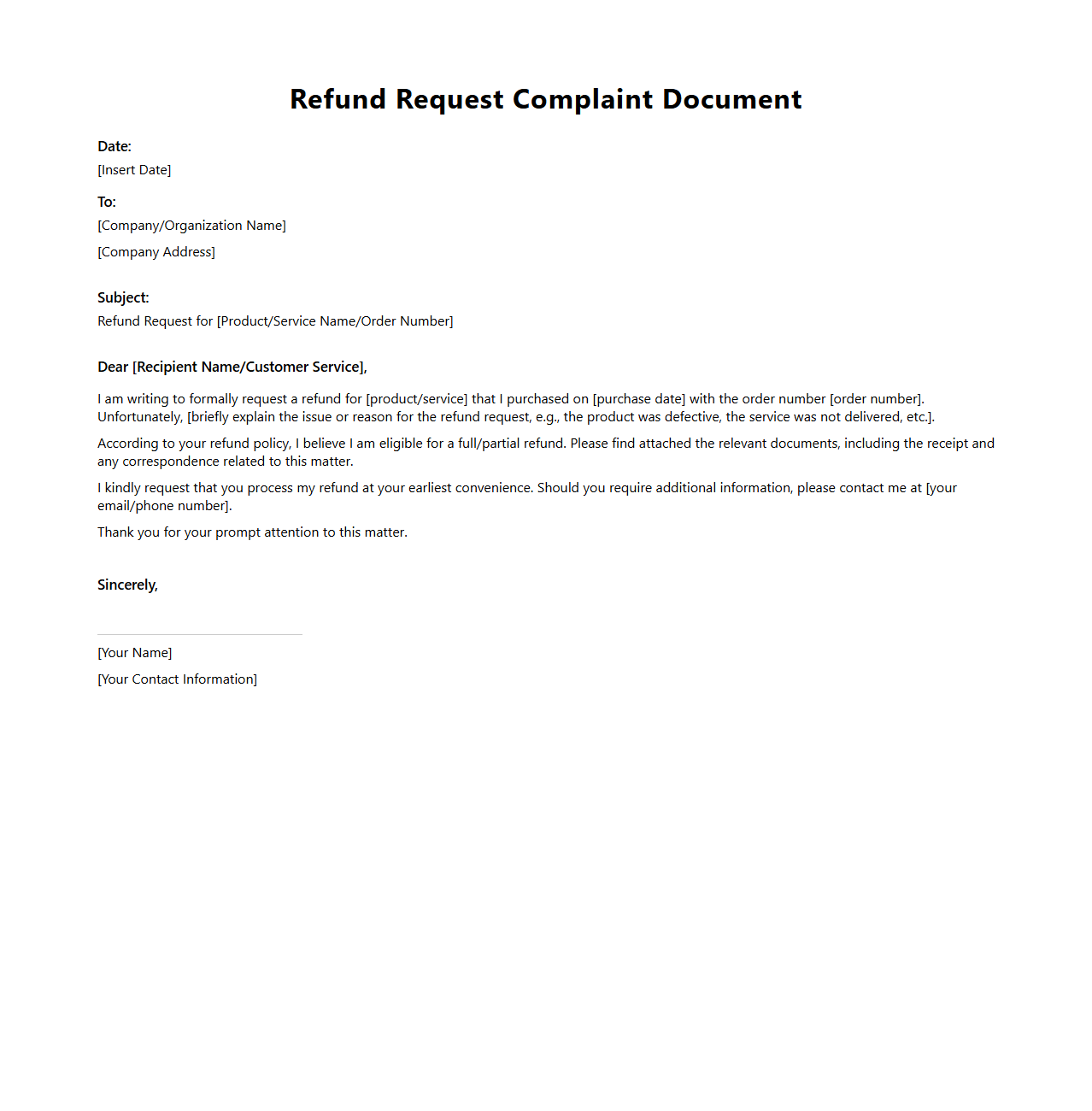 Refund Request Complaint Document Sample