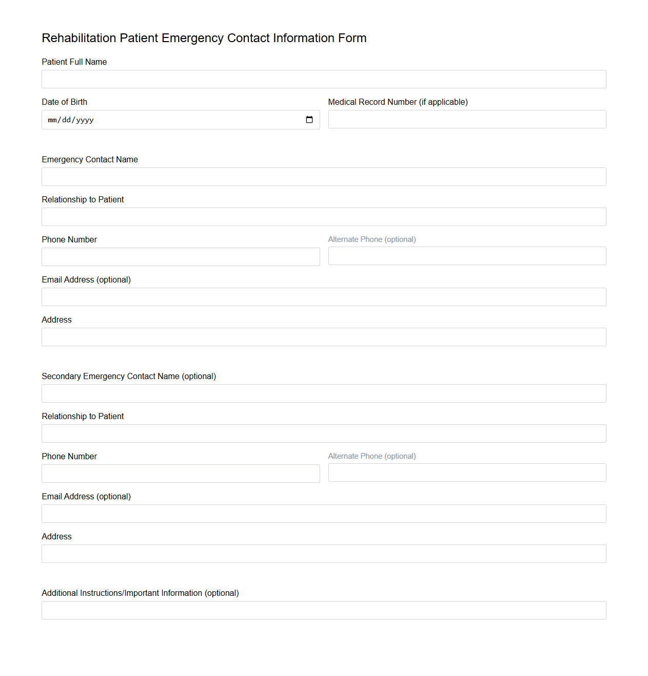 Rehabilitation Patient Emergency Contact Information Form