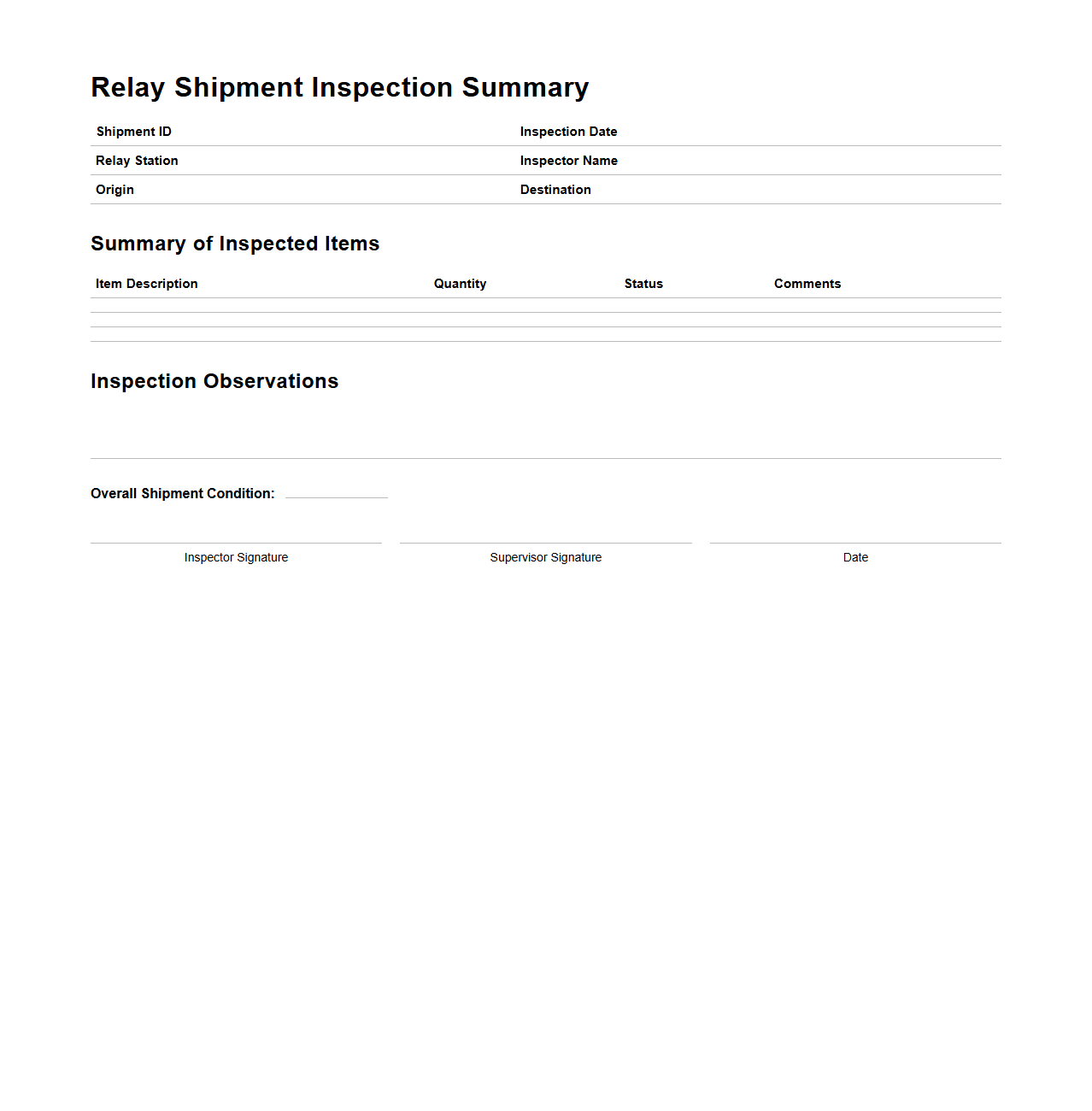 Relay Shipment Inspection Summary Template