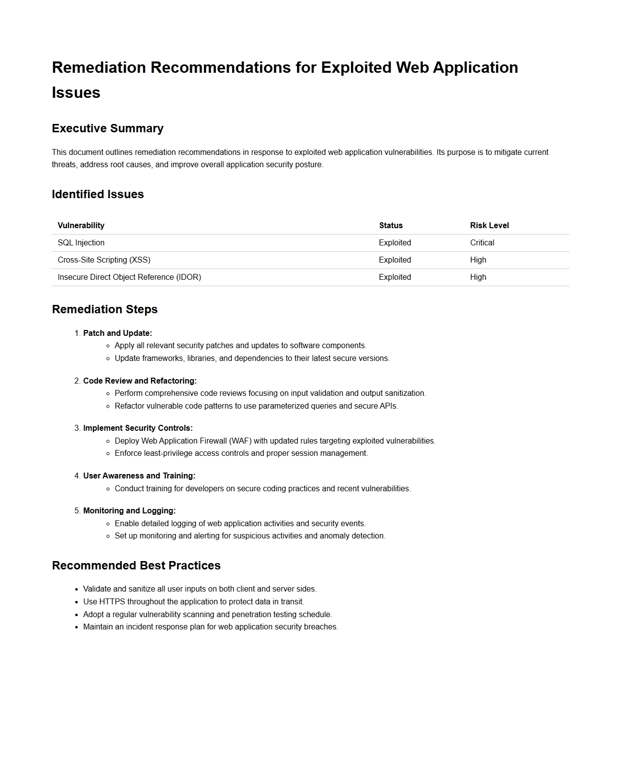 Remediation Recommendations for Exploited Web Application Issues