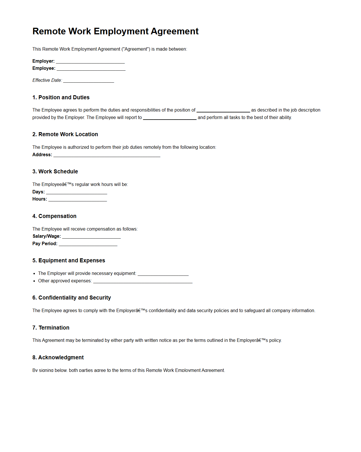 Remote Work Employment Agreement Sample