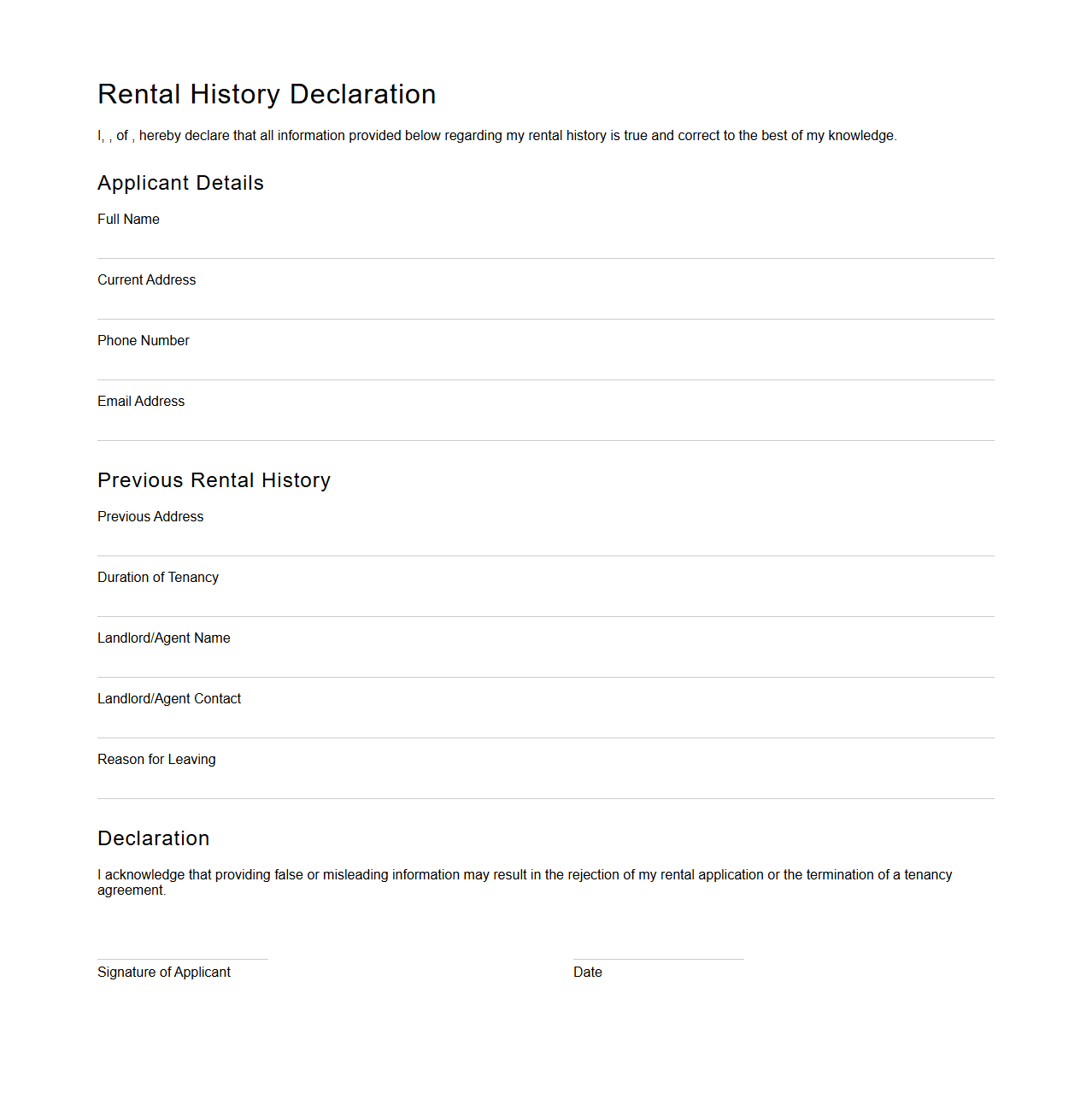 Rental History Declaration Sample