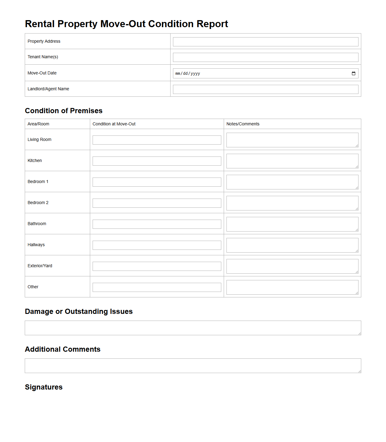 Rental Property Move-Out Condition Report