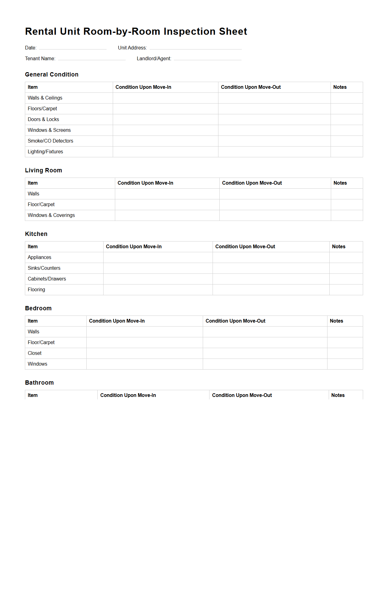 Rental Unit Room-by-Room Inspection Sheet