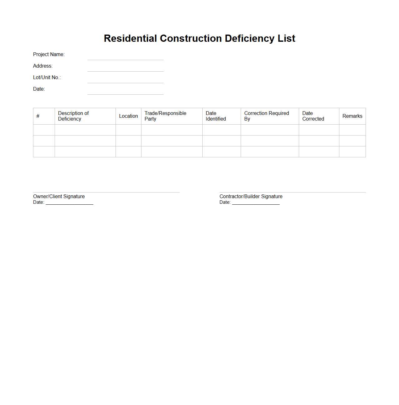 Residential Construction Deficiency List